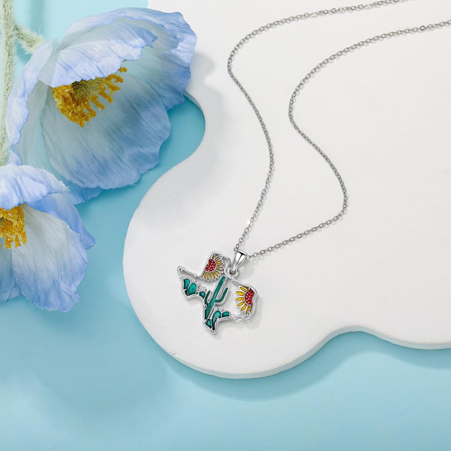 Texas Necklaces for Women 925 Sterling Silver Texas State Flag Longhorn Cow Head Texas Sunflower Cactus Pendant Texas Jewelry Gifts for Women Lone Star TX