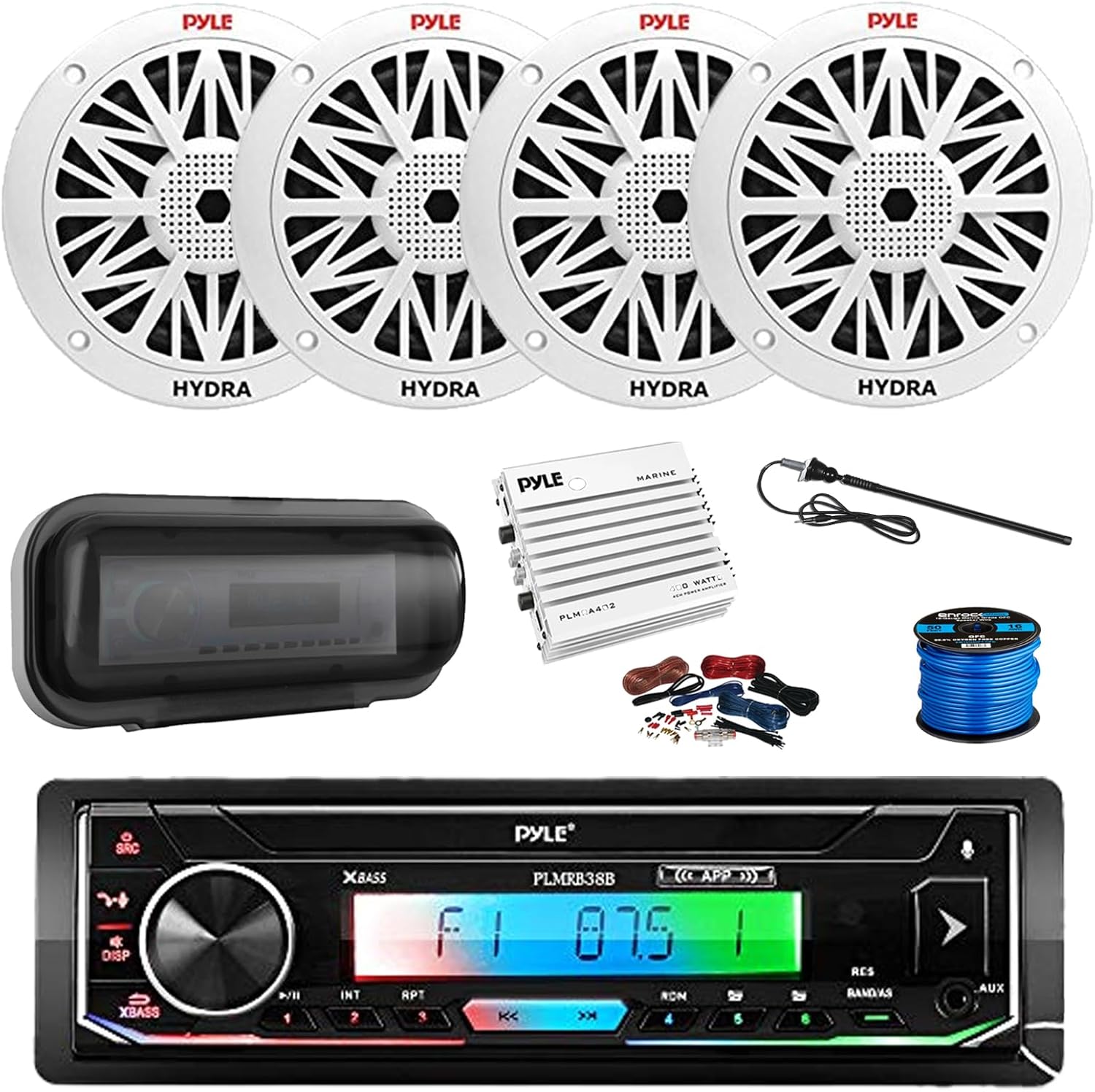 Pyle PLMRB38B Marine Single DIN USB Bluetooth AM/FM Stereo Receiver, Cover, 4-Channel Amplifier w/Kit, 4X 6.5 200 Watt Peak Full Range 2-Way Waterproof Speakers w/Wire, Long Range Radio Antenna