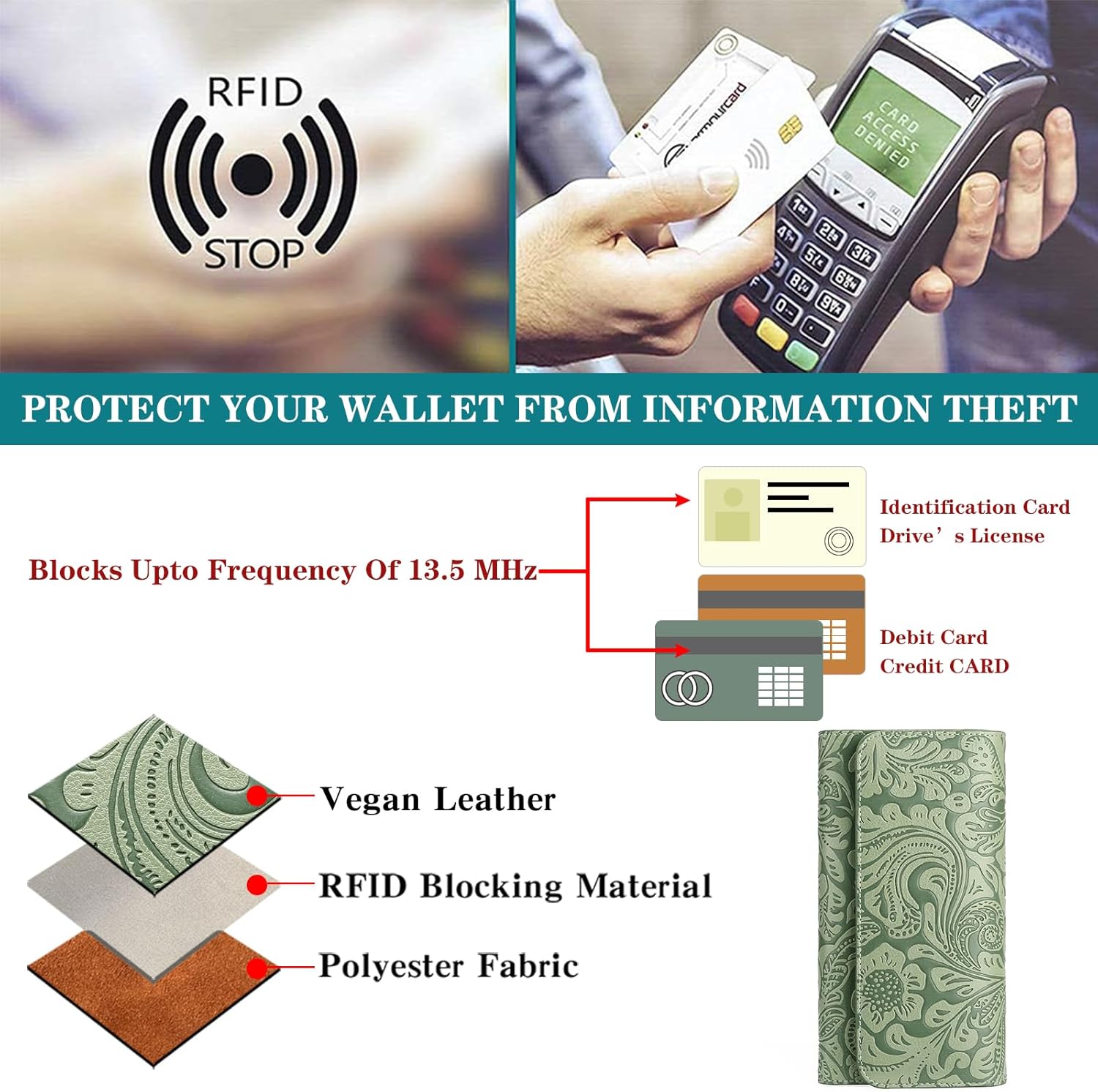 GOIACII Women's Wallet RFID Blocking Long Clutch Ladies Purse Vegan Leather Embossed Flower Green - Image 4