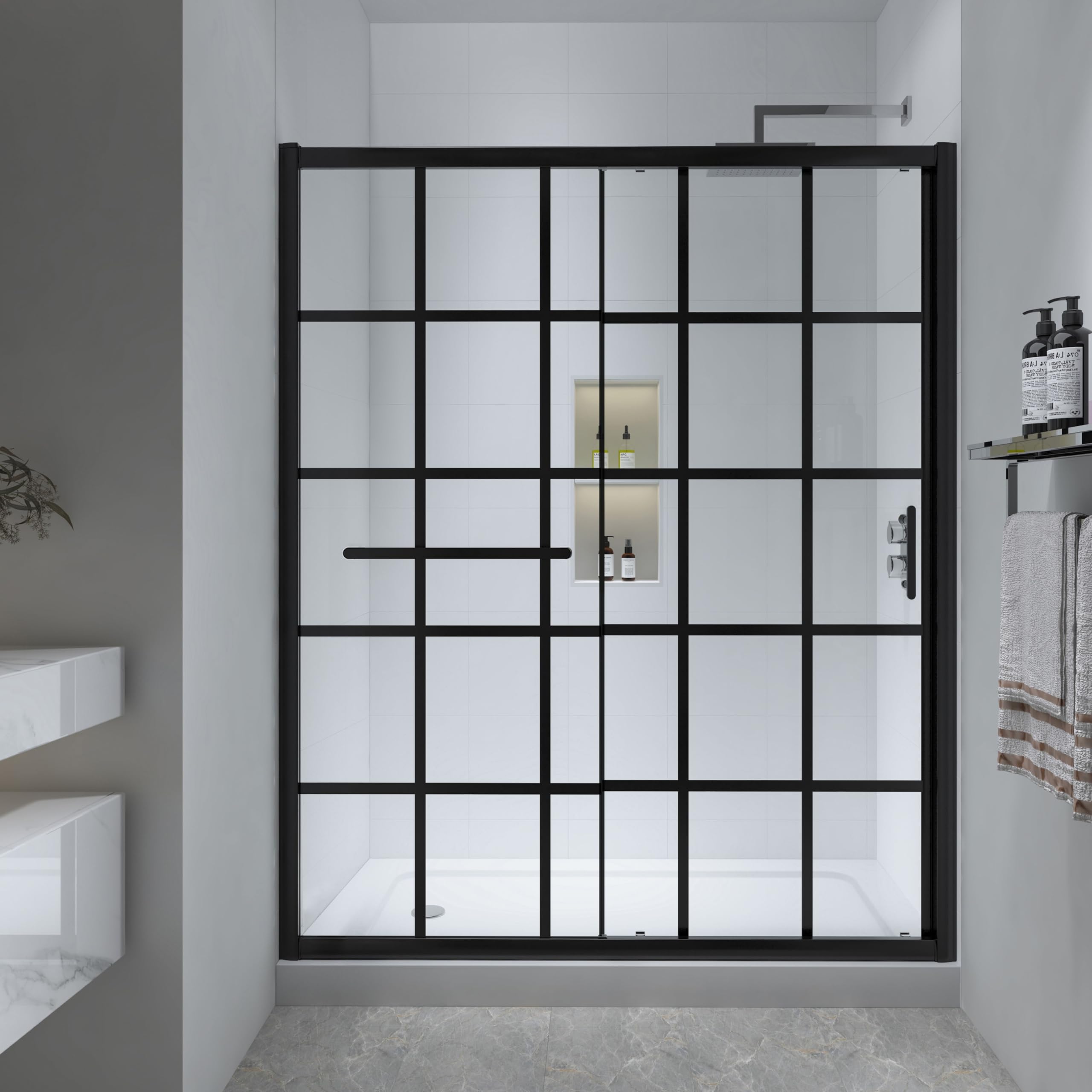 56-60" w x 72" h framed grid pattern single sliding shower door with 1/4" (6mm) clear sgcc tempered glass in matte black finish, reversible installation
