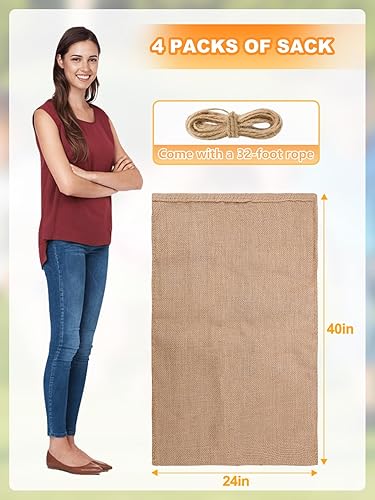 Miniatura 5 de ANPHSIN 4 bolsas de arpillera grandes de alta resistencia, bolsas de almacenamiento de papa de yute grueso de 40 x 24 pulgadas con cuerdas de 32.8