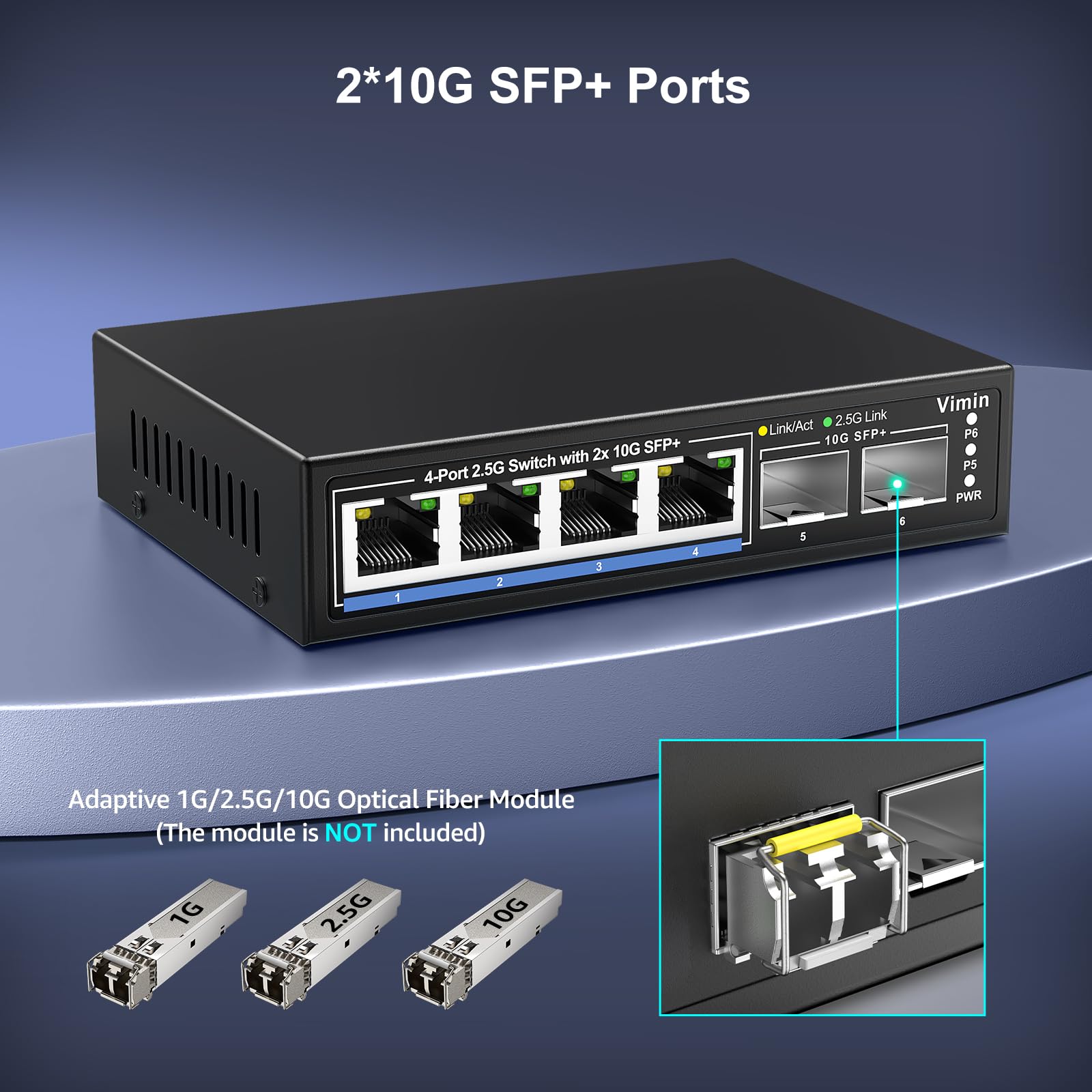 6-portowy niezarządzany przełącznik sieciowy 2,5 G, porty VIMIN 4X 2,5 Gbase-T, 2 x port 10G SFP+, pojemność przełączania 60 Gb/s, IEEE802.3, metalowa obudowa, bez wentylatora, działa dla NAS 2,5 Gb/s