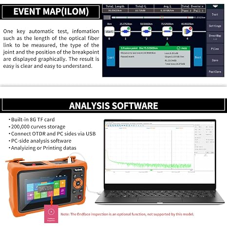 Rsrteng OTDR Fiber Optic Tester 1610nm 22dB Test Rang 500m-100Km Live Fiber Test Support LS OPM OLS Event Map RJ45 Test 8GB TF Card Analysis Software Connectors with UPC/FC SC LC ST SC/UPC-SC/APC