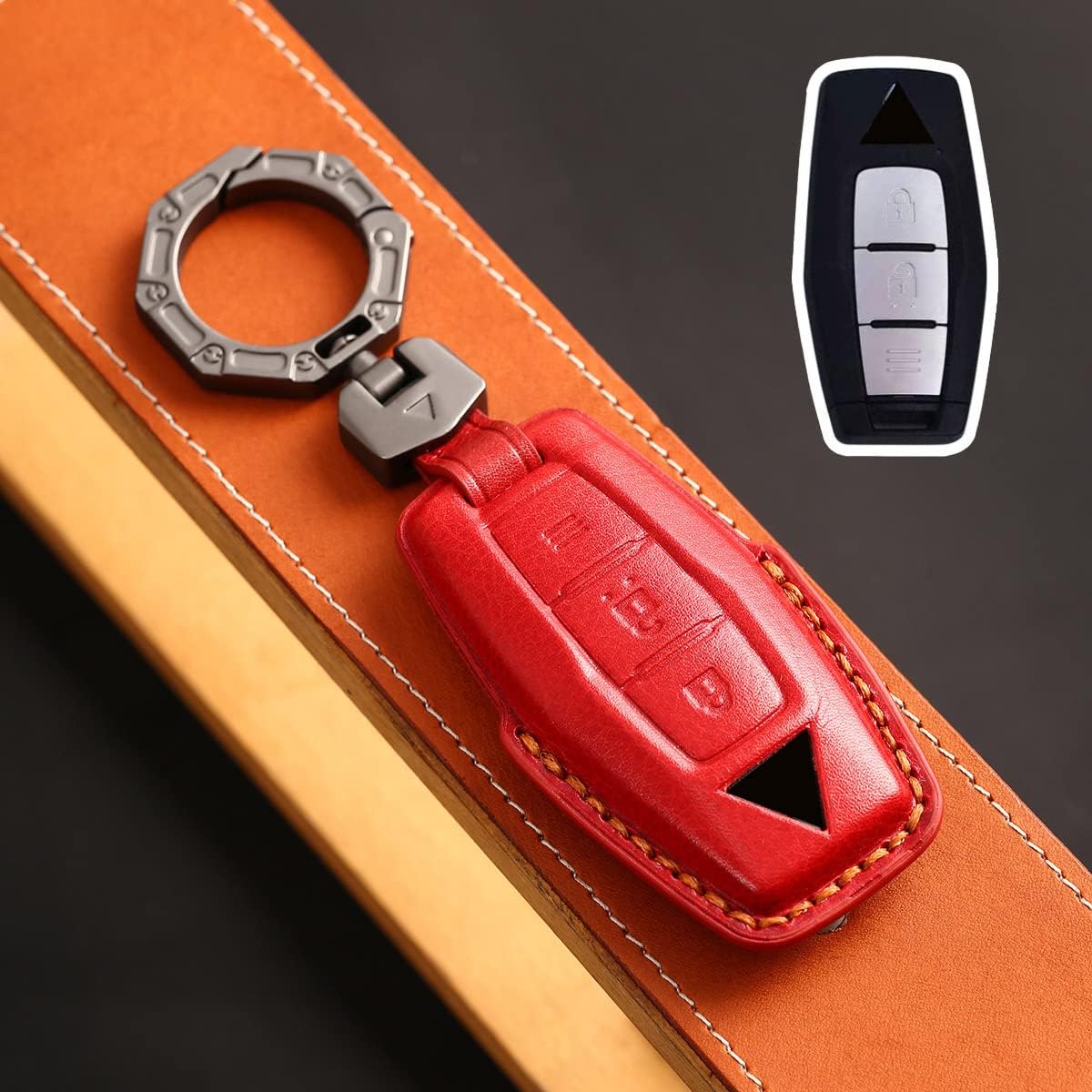 for Mitsubishi 2023 Key Fob Cover Smart Remote Auto Key Cover for Mitsubishi Outlander 2022 2023 Accessories with Keychians 3 Button Leather Key Case Shell -Red