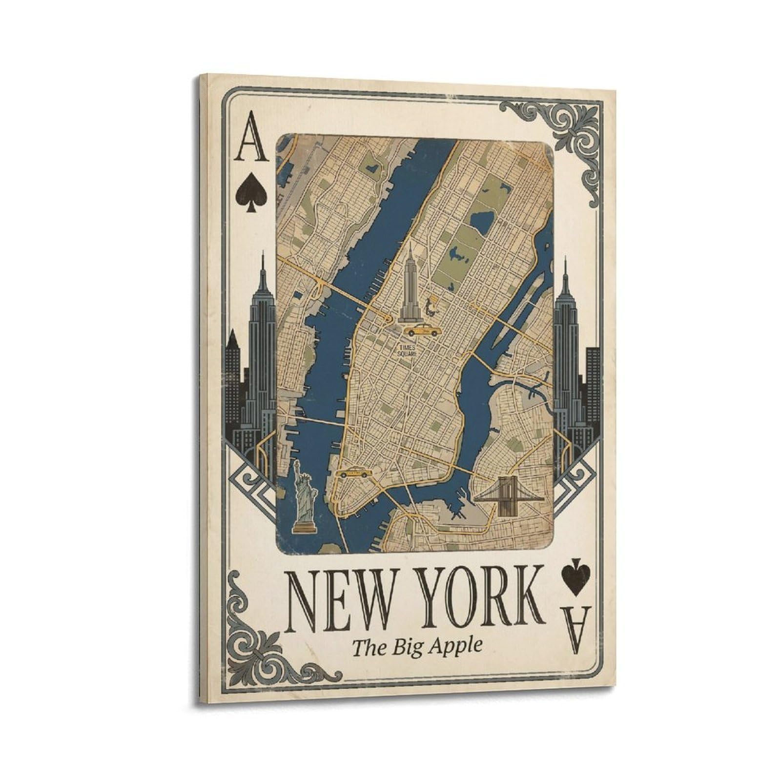 OKNGB Vintage City Map Poster New York Manhattan Skyline Playing Card Style Decorative Painting Canvas Art Picture 24x36inch(60x90cm)