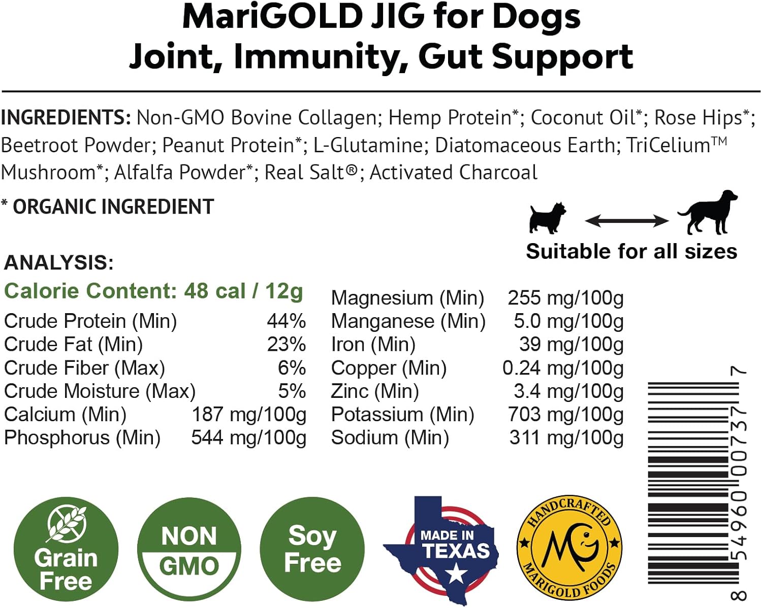 MariGold JIG for Dogs - Joint, Immunity, Gut Support & Collagen for Dogs - Non-GMO, Organic Peanuts, Organic Hemp, Grain and Soy Free - 1.19 LBS (Medium)