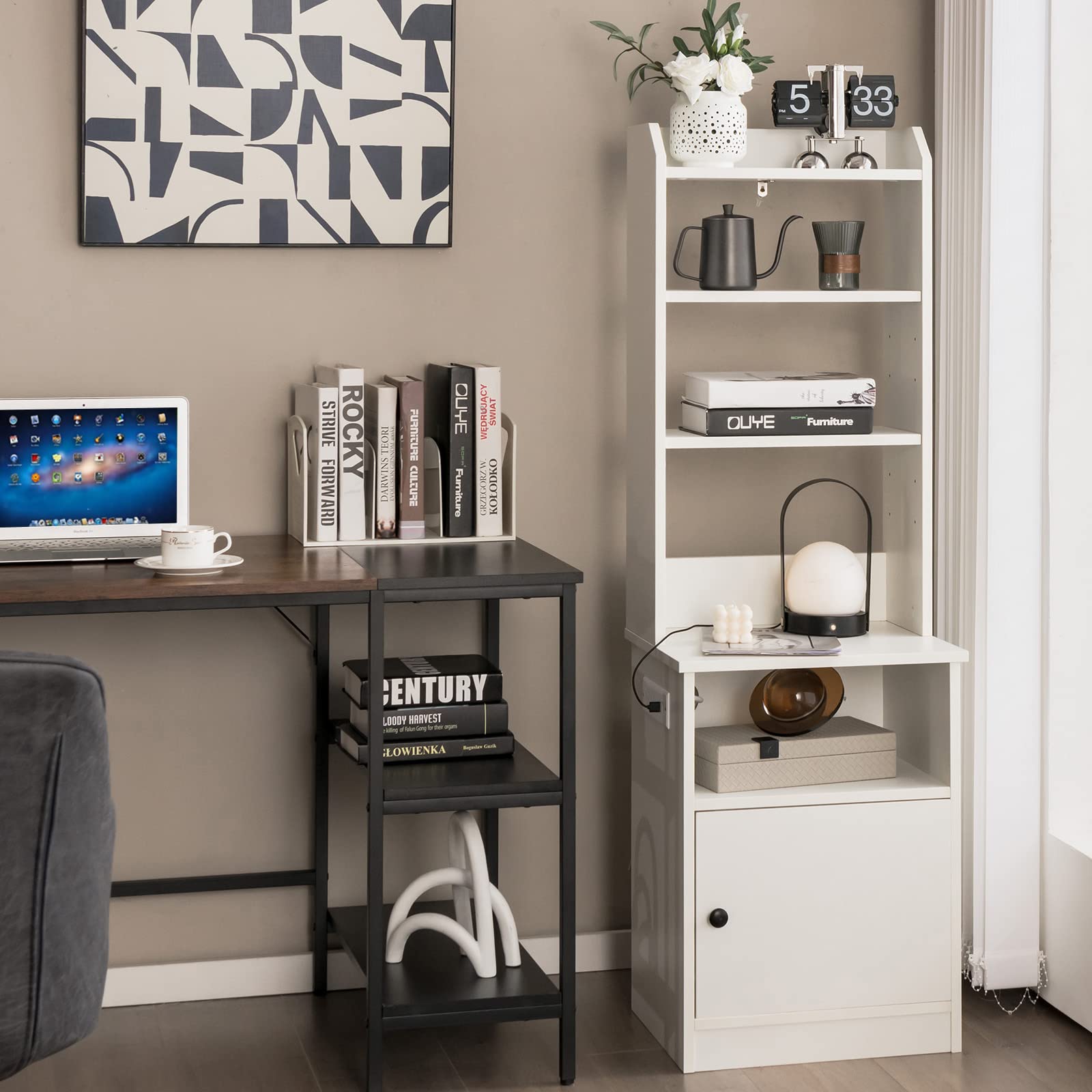 Coleshome 5-laags boekenkast met deuren en kast, Vloerstaande display- opbergplank, Hoge boekenkast met lades voor Huis, Kantoor, Woonkamer, Slaapkamer, Zwart, 48 x 24 x 164.2
