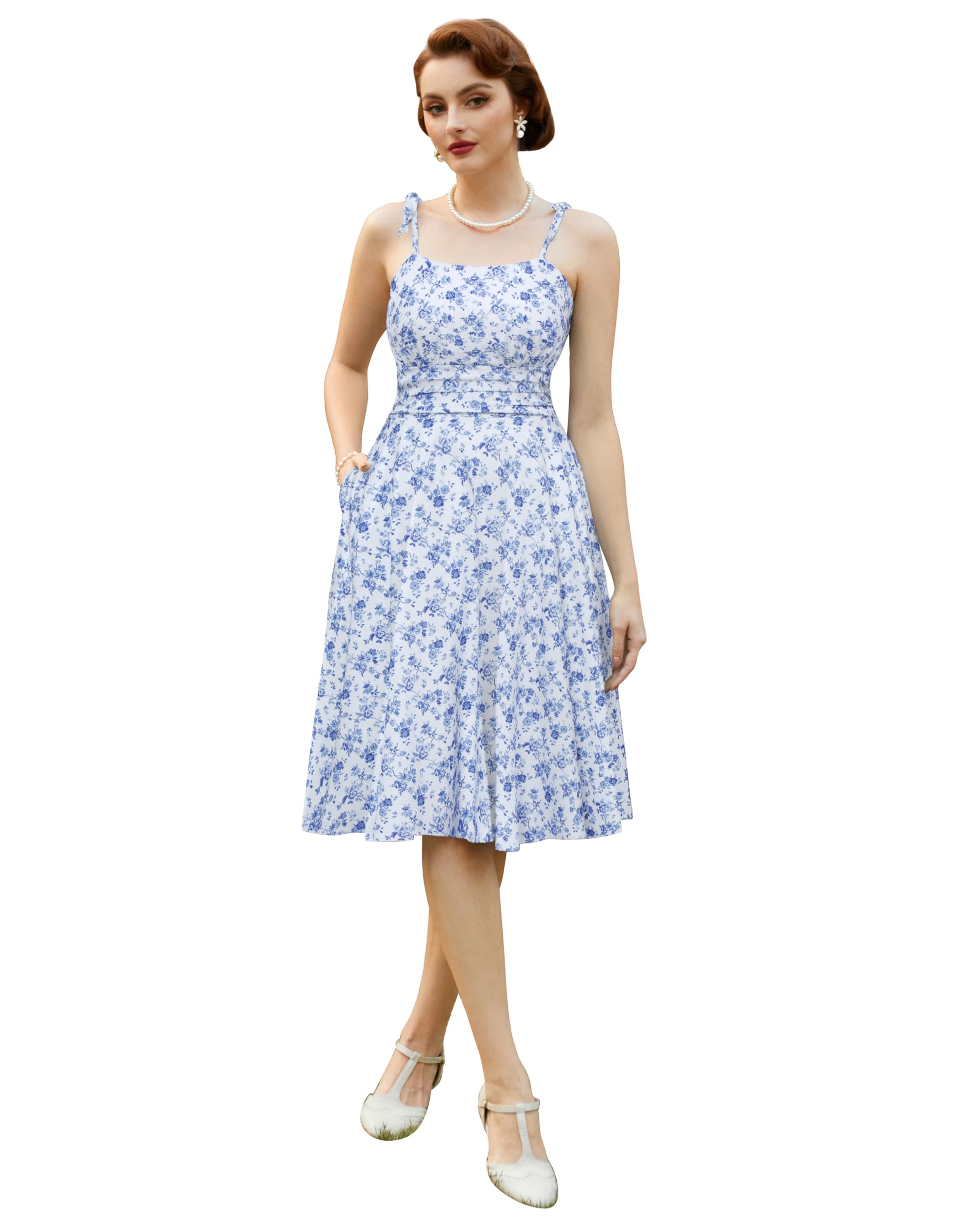 Belle Poque Vestidos de verano para mujer, con tirantes delgados, acampanados, vestido casual con bolsillos, vestido de playa para vacaciones