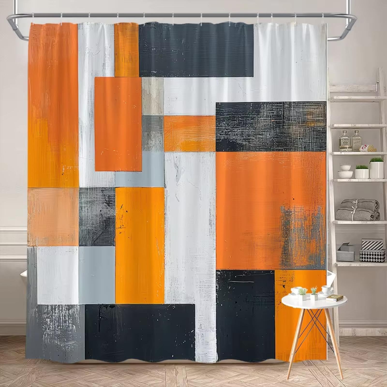 UIYIUI Abstract Geometric Shower Curtain 54X79in/138x200cm/WxH Orange Black and White Distressed Modern Art Bathroom Curtain for Bathtub Partition Restroom with Hooks