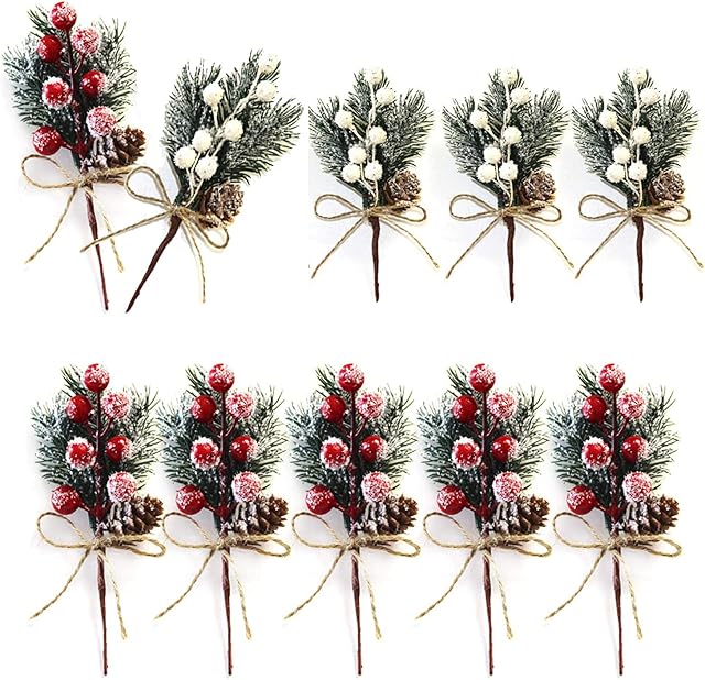  10pcs Red And White Christmas Berries Stems Artificial Pine Picks and Sprays Xmas Berry Picks with Pine Cones Holly Berry Christmas Flower Ornaments for Xmas Wreaths Home Vase Decor (Red&White)
