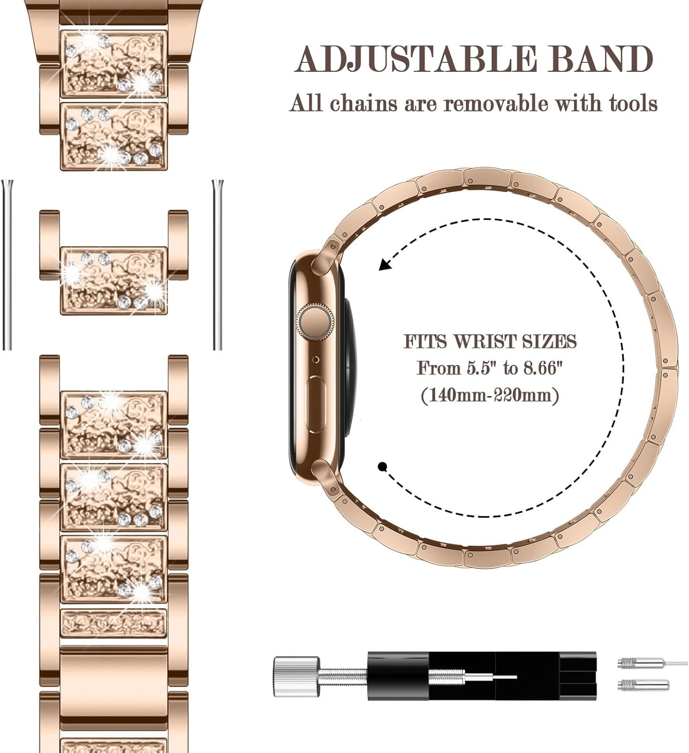 Bling Diamond Metal Band Compatible with Apple Watch Band for Women 38mm 40mm 41mm 42mm(Series 10/11), Dressy Pattern Replacement Bracelet for iWatch Series 11 10 9 8 7 6 5 4 3 SE (Rose Gold) - Image 4