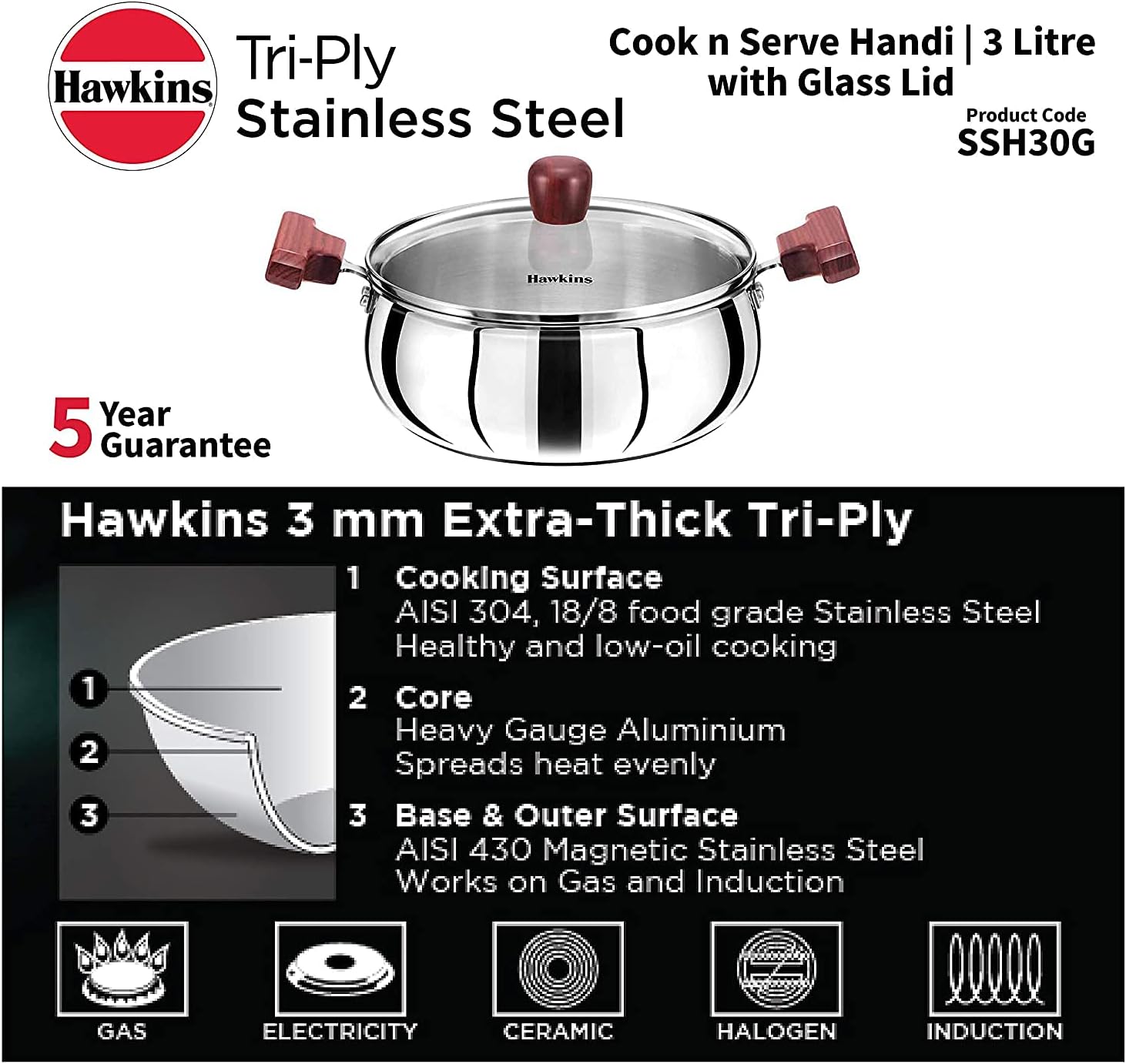 Hawkins 2 Litre Cook n Serve Handi, Triply Stainless Steel Handi with Glass Lid, Induction Sauce Pan, Biryani Handi, Saucepan, Silver (SSH20G)