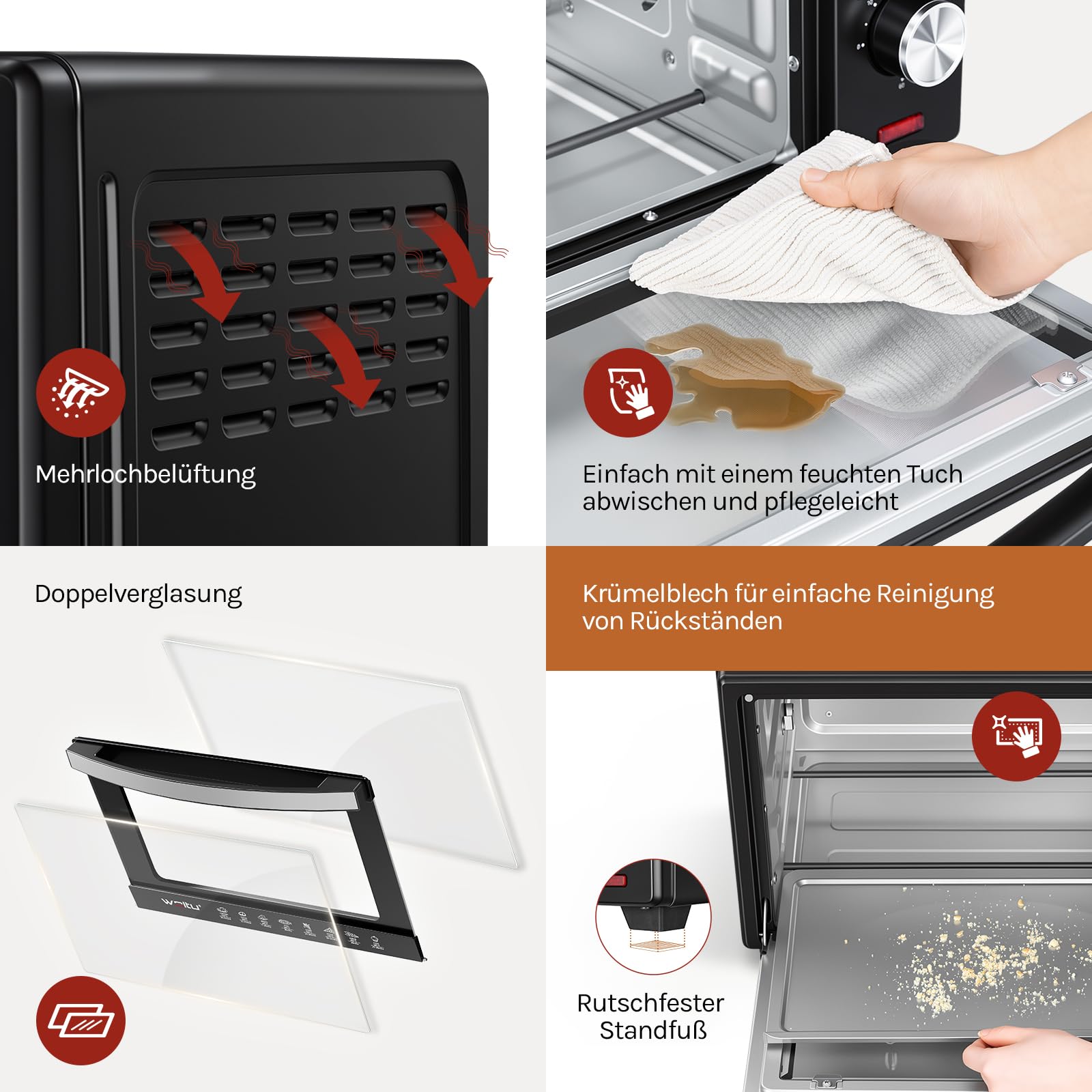 WOLTU Mini Backofen mit umluft, Pizzaofen 32 L, 1600 W, 100-230 °C, 0-60 Min. Timer, 5 Heizmodi, Doppelglastür, mit Drehspieß Backblech Grillrost Krümelblech Rostheber, Schwarz