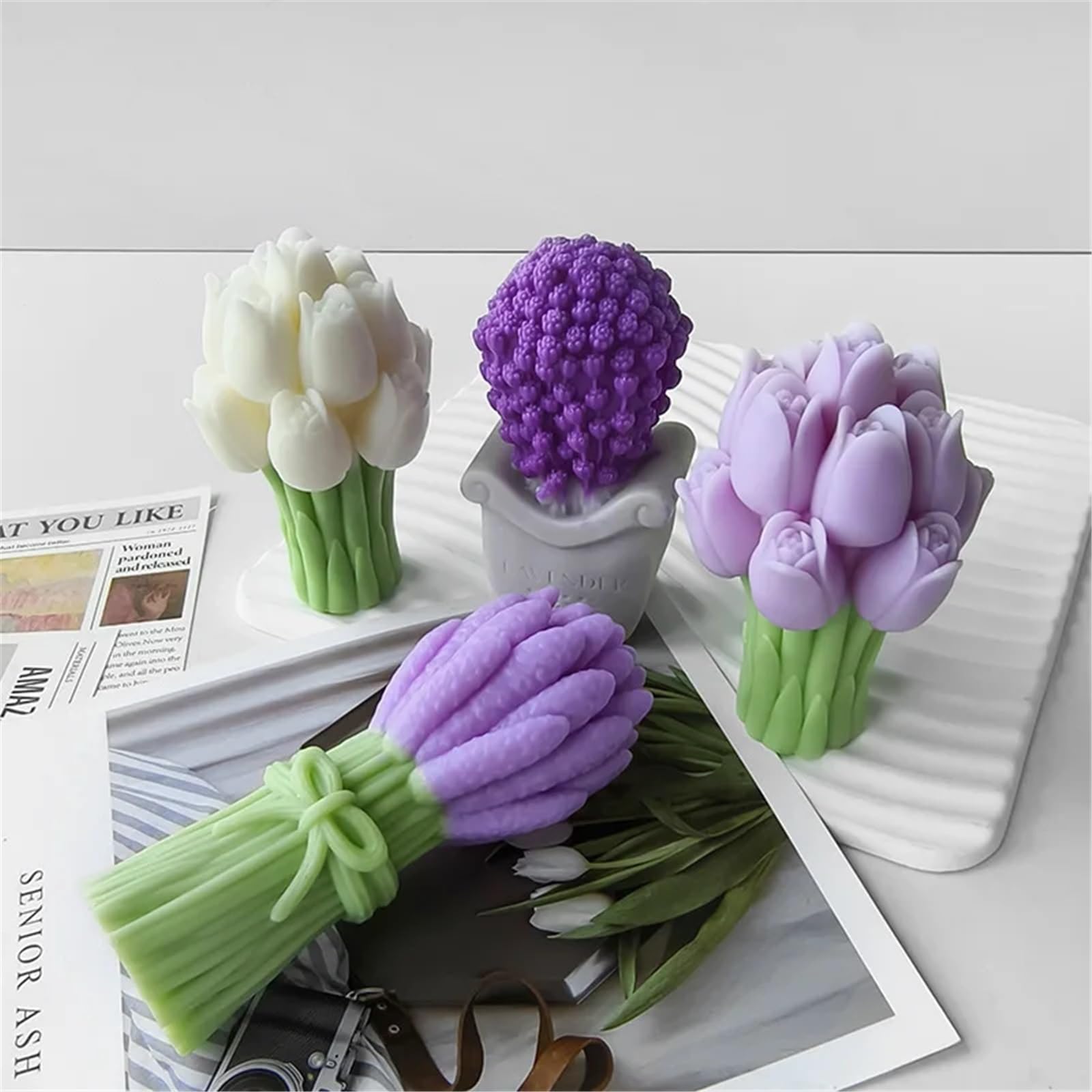 Molde Velas Perfumadas Moldes de silicona for velas con ramo de lavanda 3D, hecho a mano, flor de tulipán, jabón de resina, molde de escayola, herramienta de fabricación for manualidades, hogar, 1 Uds