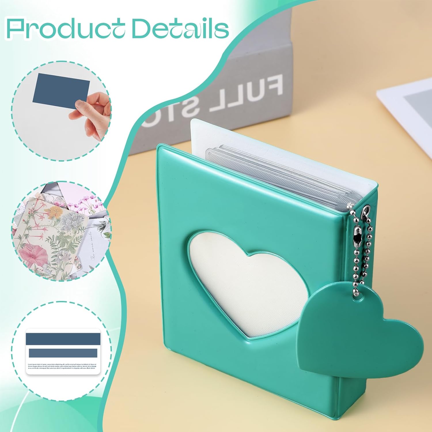 Photocard Binder Mini, 3 Inch Heart Hollow Card Binders with 32 Pockets Mint Green Mini Photo Album Mirror-Like Photocard Binder with Pendant