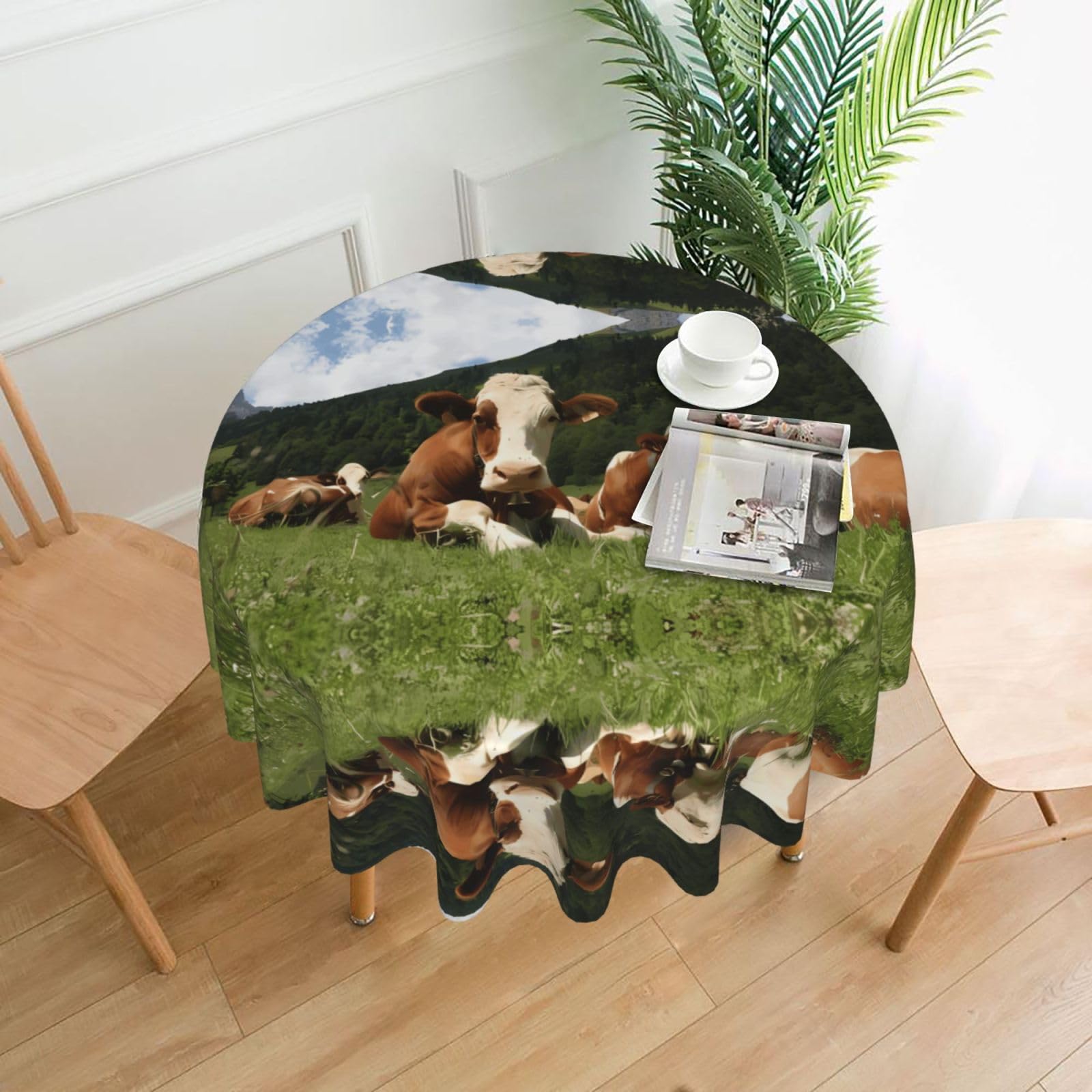WHJSSF Cute Cows Relaxed On Grass Prints Round Decorative Tablecloth 60in - Elevate Your Dining Experience with a Stylish & Protective Table Throw