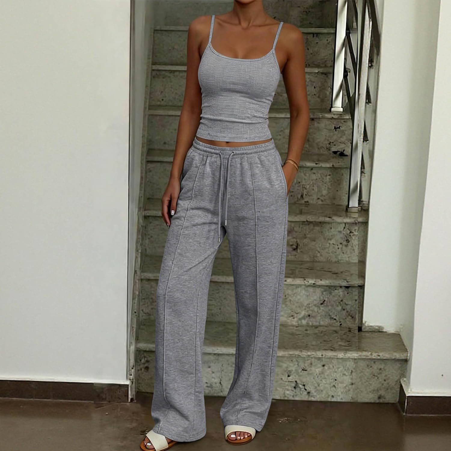 Women's 2 Piece Lounge Set Summer Matching Lounge Sets Spaghetti Strap Tank Top Comfy Wide Leg Pants Workout Sets