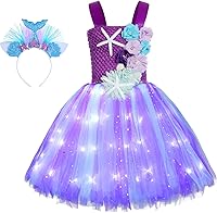 Vista 1 de Koatobbor Disfraz de sirena para niñas, vestido de tutú de sirena, color LED, para Halloween, fiesta de cumpleaños, 3 a 8 años Blanco Led-púrpura