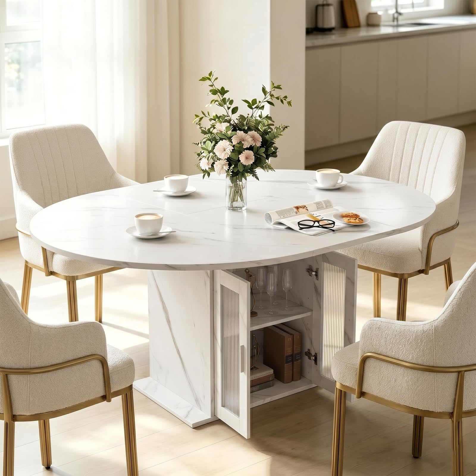 Tavolo da pranzo allungabile ovale, 100/140 x 100 x 77 cm, tavolo da cucina per 4-6 persone, con spazio di archiviazione e frigorifero, moderno tavolo da pranzo allungabile, tavolo da soggiorno con