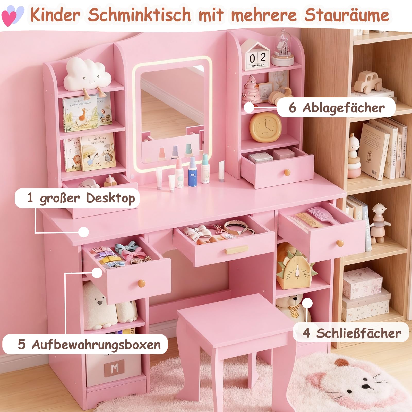 MAMIZO Coiffeuse pour Enfants avec Miroir LED, Coiffeuse pour Fille avec Tabouret, Table de Maquillage Fille avec 5 Tiroirs et 10 Compartiments de Rangement, 95x34x118cm, Bureau pour Enfant (Rose)