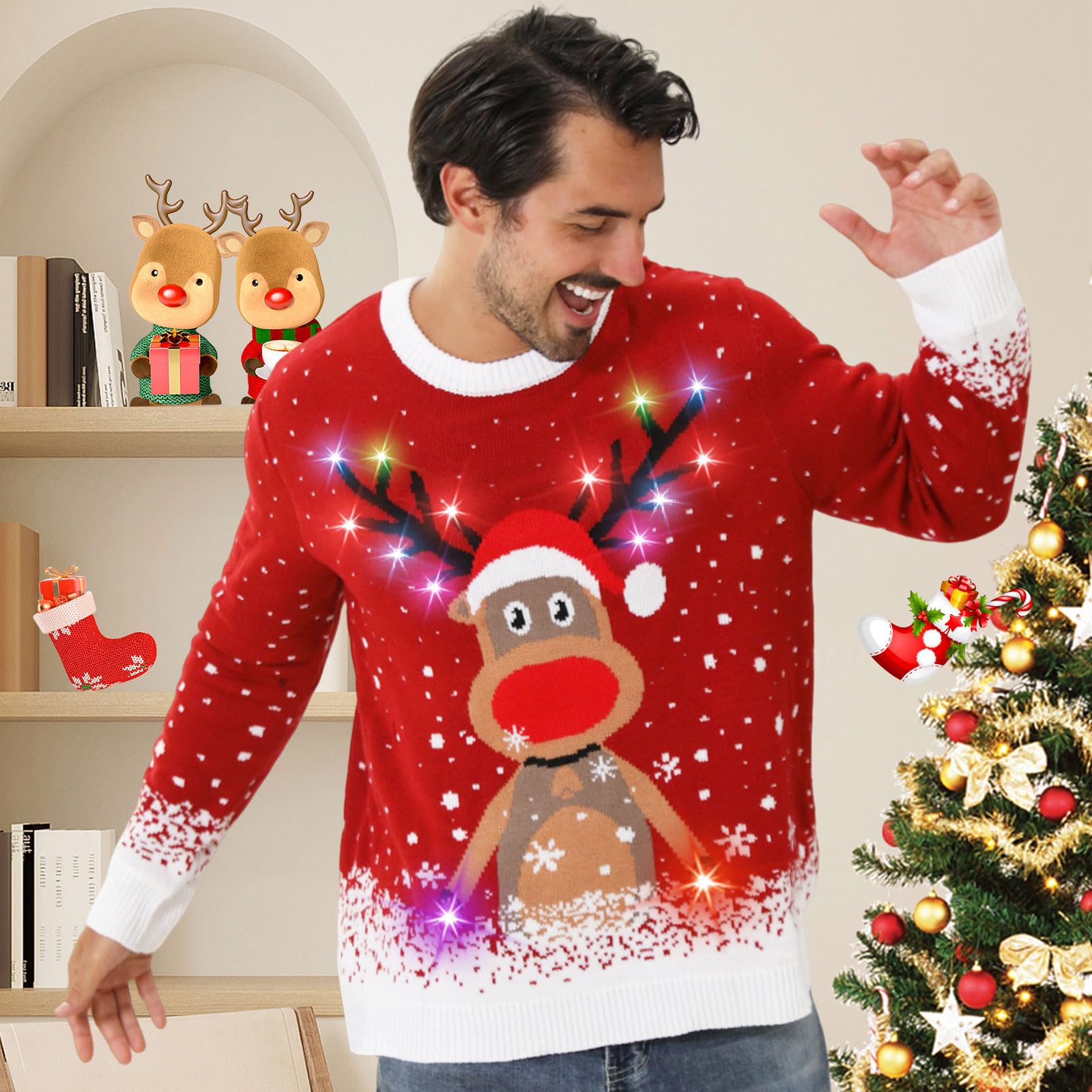 Maglione Natalizio con Luci LED, Maglioni Natalizi Famiglia Set, Brutti Maglione Natalizio Uomo Donna Ugly Christmas Sweater, One Piece Manica Lunga Maglia Natale Maglione di Natale per Coppia