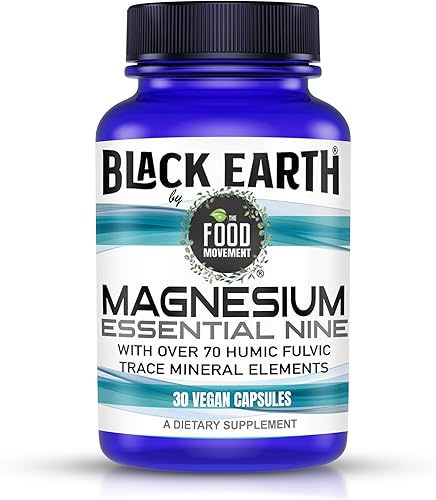 The Food Movement Co. Black Earth Magnesium Essential Nine - 30 Vegan Capsules with Magnesium Glycinate, Citrate, Malate and More - 9 Bioactive