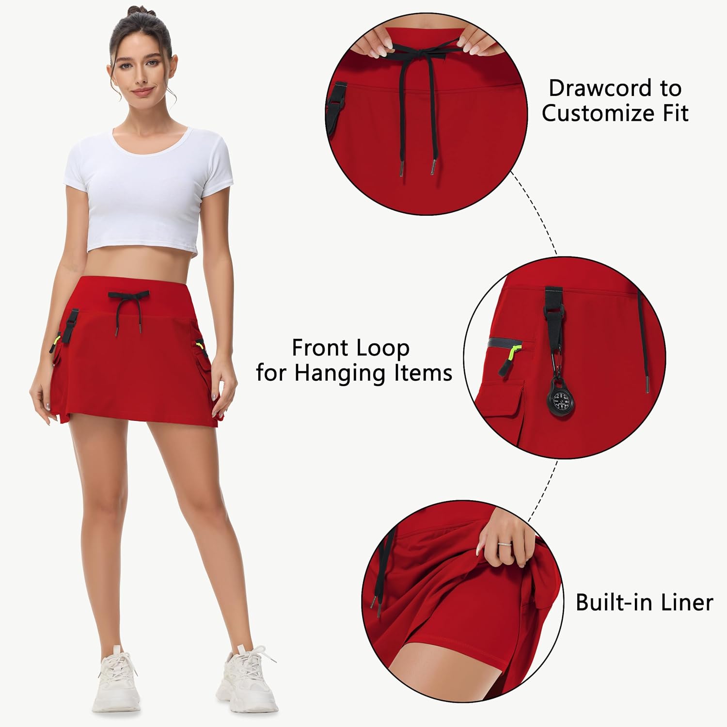 14" Women's Hiking Cargo Skorts Skirts Golf High Waisted Dressy Casual with Zipper Pockets Quick Dry Athletic Skort Red - Image 4