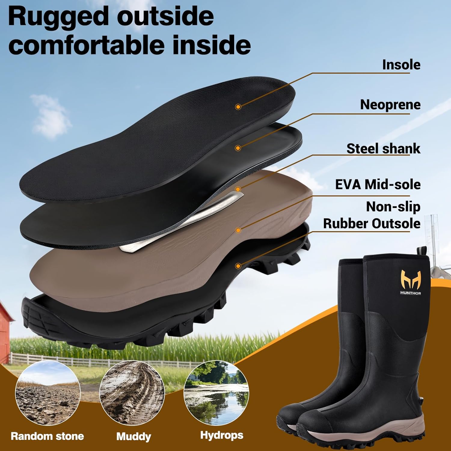 Rubber Boots for Women with Steel Shank, Waterproof 6mm Neoprene Rain Boots for Hunting, Outdoor Work