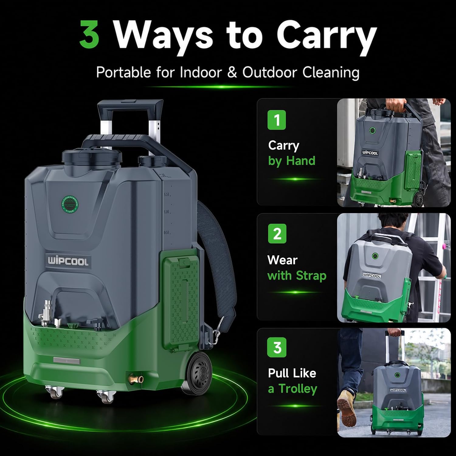WIPCOOL C10BW Portable HVAC Coil Cleaner, Dual Power 18V DC & 100-240V AC, 4.75 gal Water + 0.5 gal Solution Tank, 1.1 GPM, 73/145 PSI Dual Pressure, AC Converter & Battery Adapters Included
