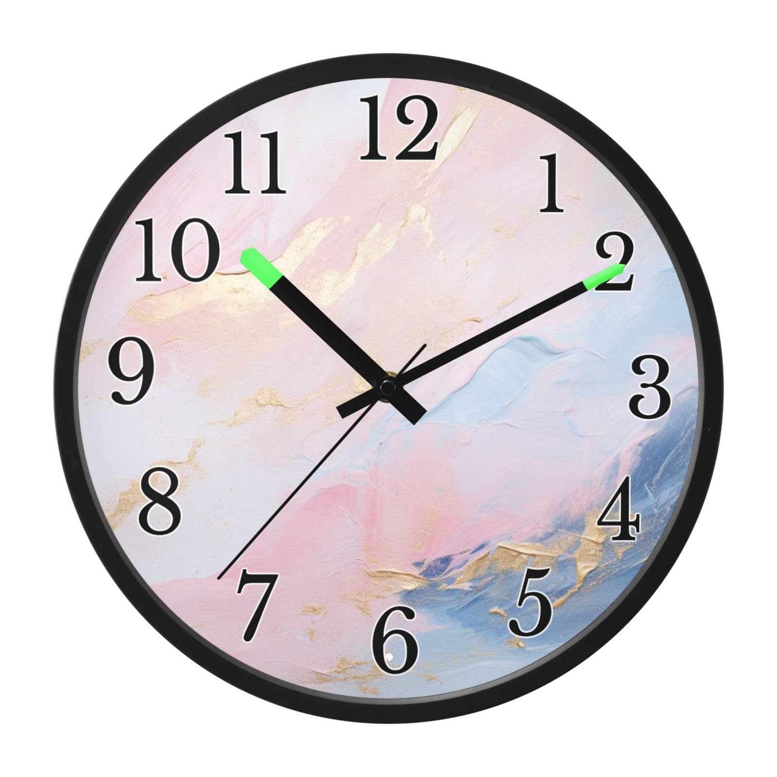 Mnsruu Reloj de pared luminoso con tinta de mármol rosa, reloj de pared que brilla en la oscuridad, funciona con pilas, reloj de luz nocturna silencioso sin tictac para dormitorio