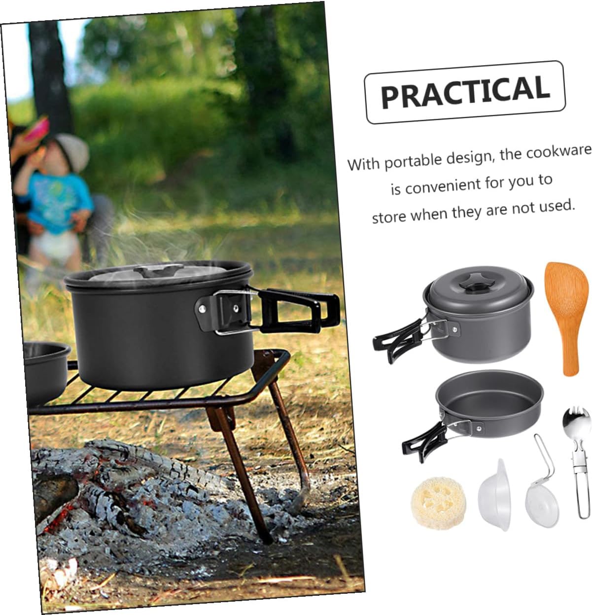 Portable Outdoor Camping Cookware Lightweight Non-Stick Cooking Pans and Pot with Cool-Touch Handles Mess Kit for Person Picnic and Hiking
