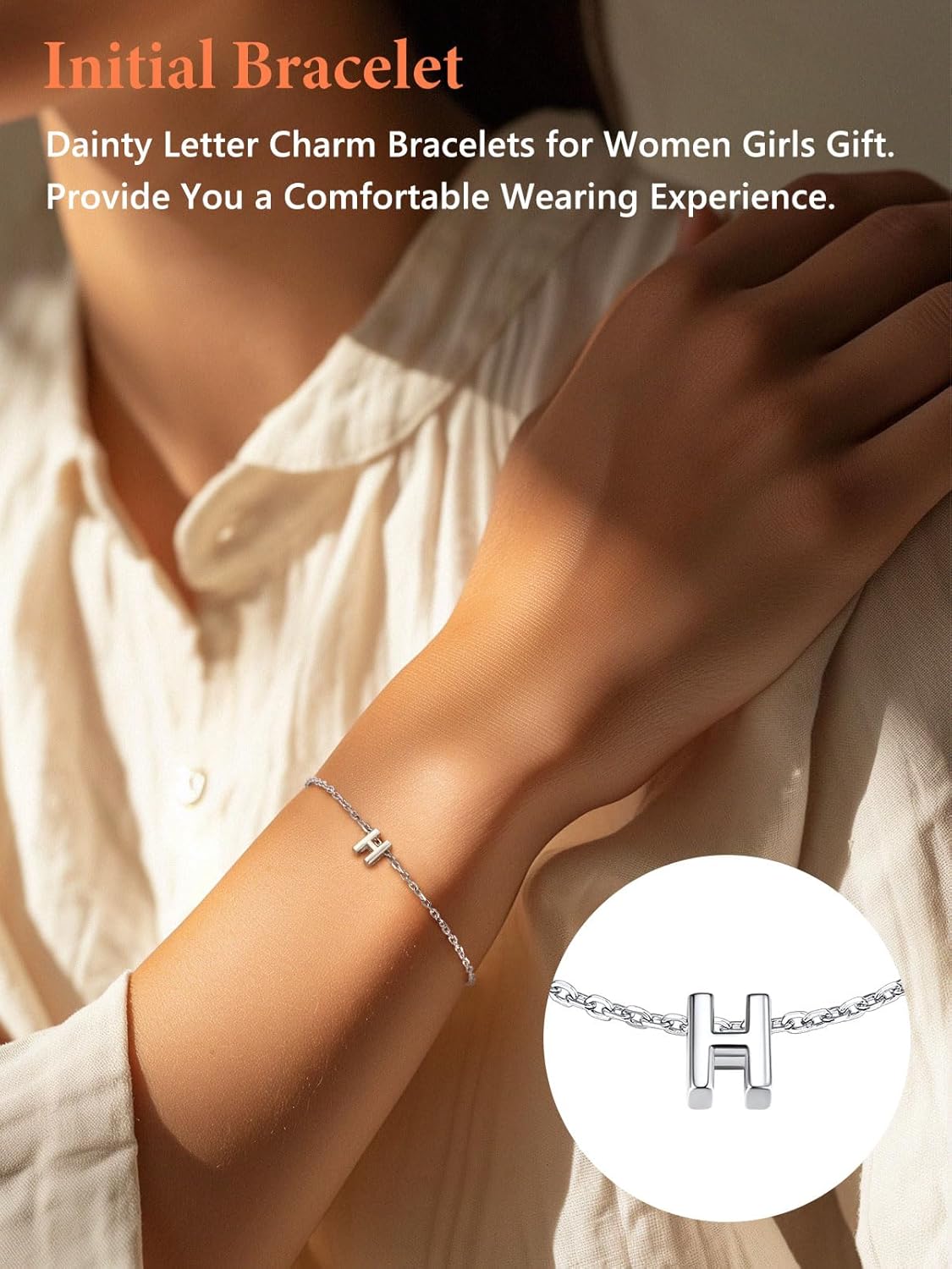Silvora S925 Sterling Silver Initial Letter Bracelet - A to Z, 6.3" + 2" Adjustable Personalized 26 Alphabet Jewelry Initial Bracelet for Women