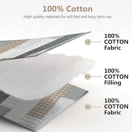 Miniatura 4 de Juego de edredón tamaño Queen, edredón de retazos de 100% algodón para cama Queen, edredón reversible ligero de 3 piezas a cuadros, gris, bronceado,