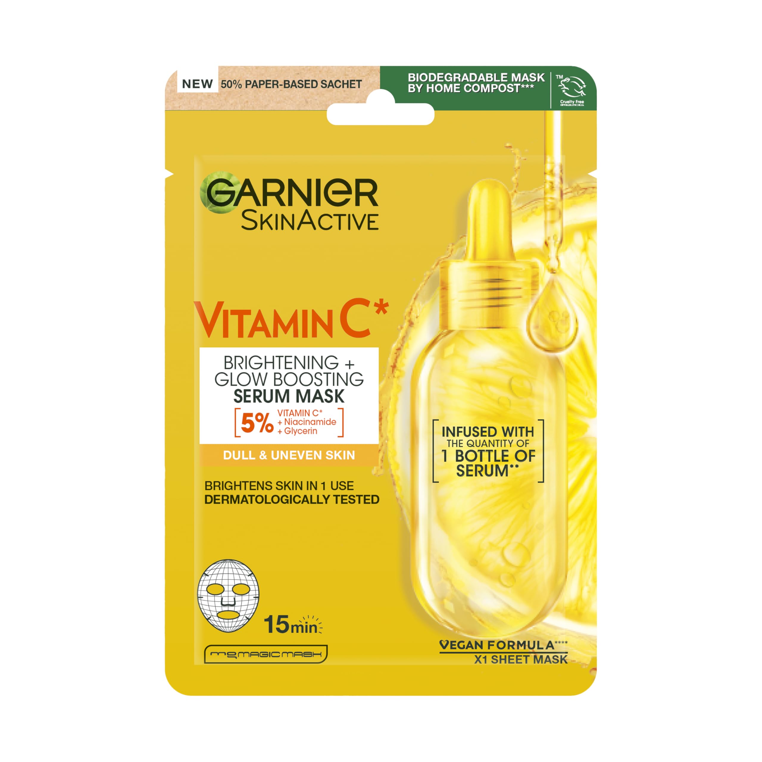 Garnier Vitamin C Brightening & Glow Boosting Serum Sheet Face Mask, Energisng, Hydrating and Illuminating Mask for Dull Skin, Cruelty Free & Vegan Tissue Mask, 28g​