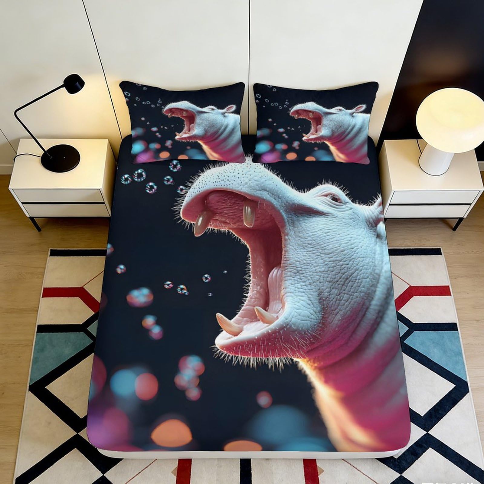 3D Printed Yawning Hippo Fitted Sheet Microfiber Soft Decorative Animal Bed Cover for Bedroom Guest Room Dorm 90x200x25cm