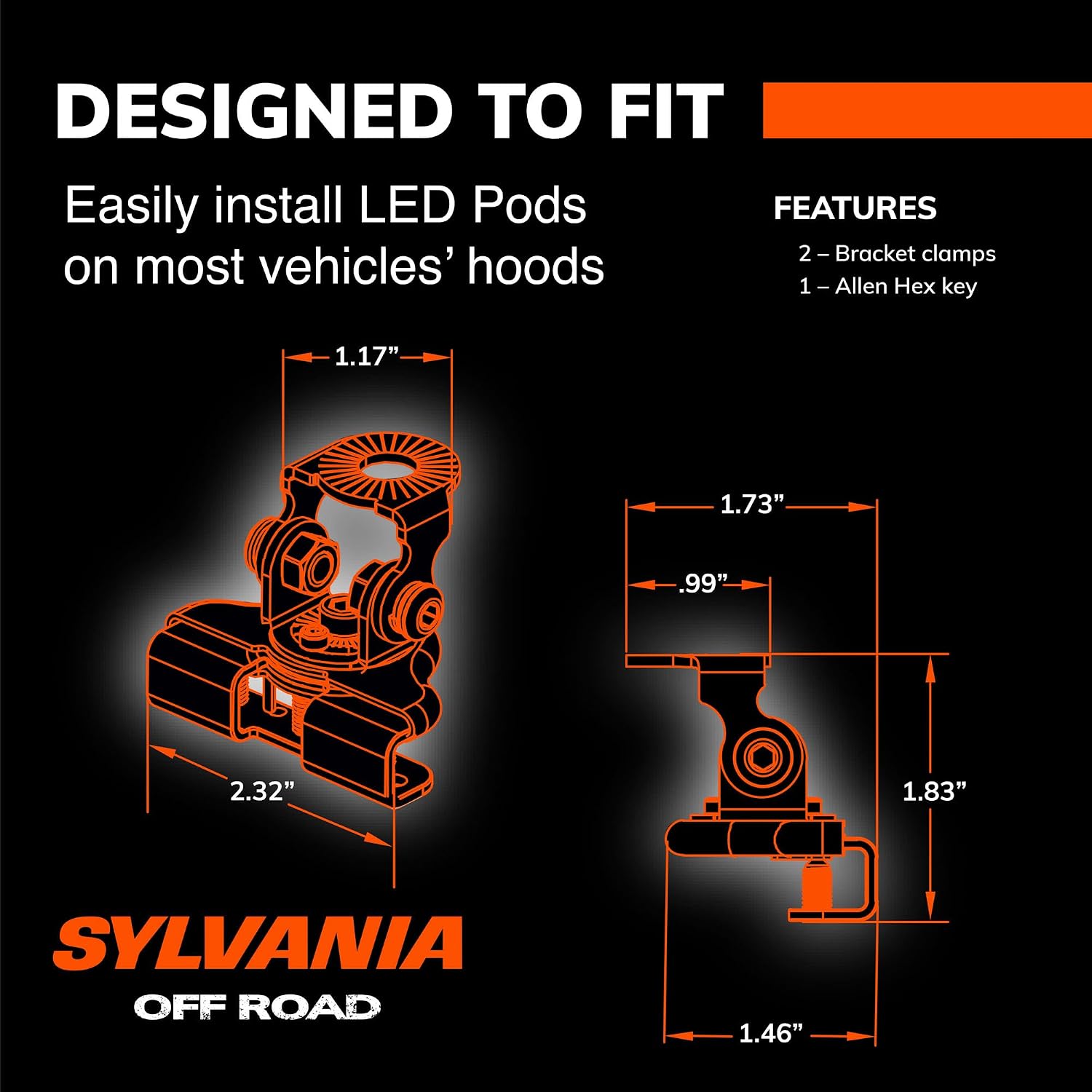 SYLVANIA - Adjustable Hood Mount Clamp Bracket - Lifetime Limited Warranty, Universal Fit for LED Lights, Off Road Light Mounting, Truck, Car, ATV, UTV, SUV, 4x4 (2 PC)