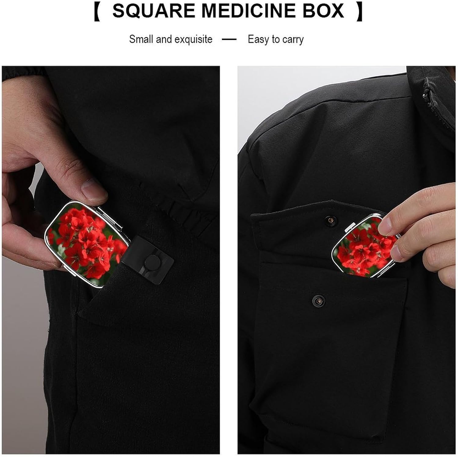Red Geraniums Square Pill Box with 2 Compartment & Mirror image 5