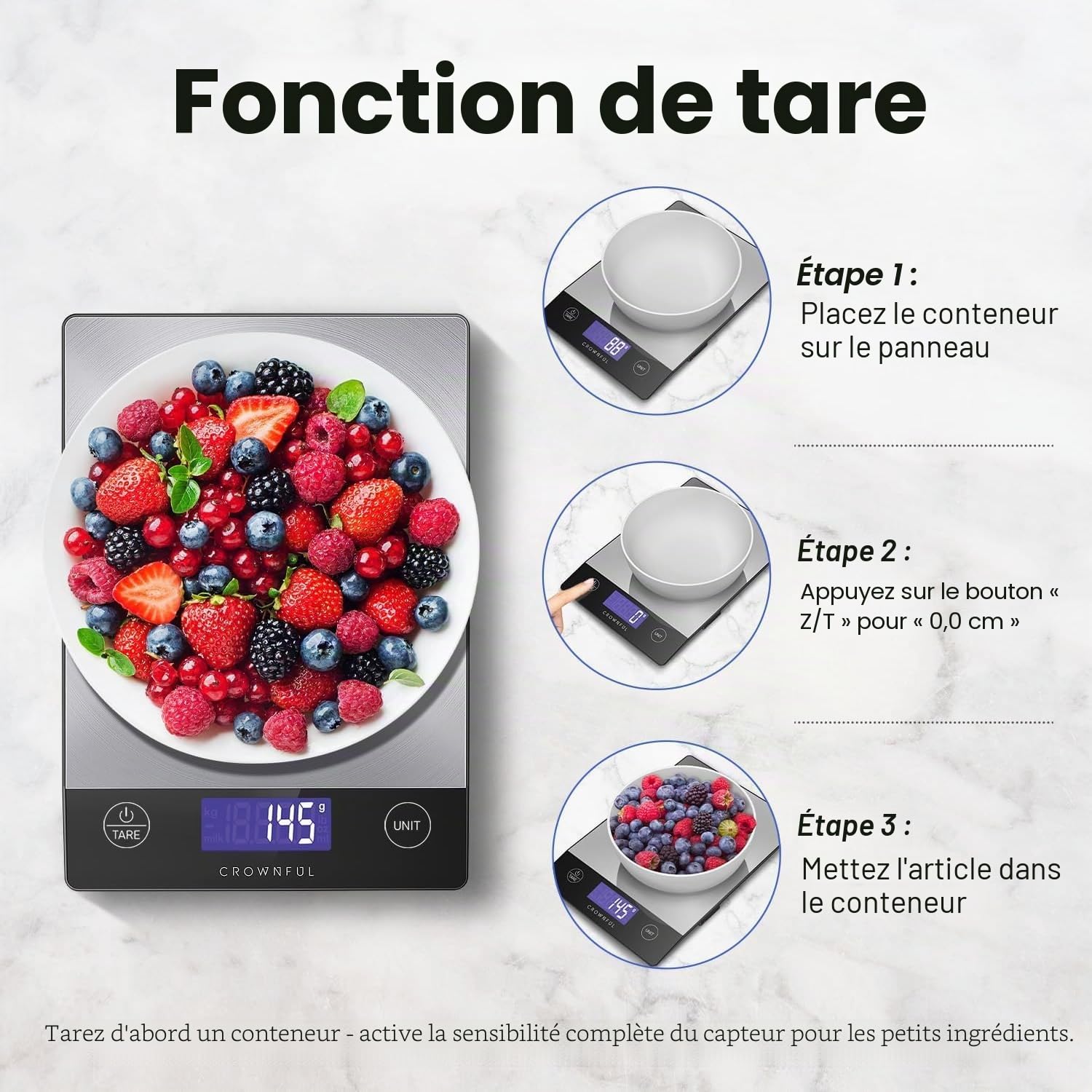 CROWNFUL Balance de cuisine rechargeable 15 kg, poids en grammes et onces pâtisserie et cuisine, chargement C, écran LCD, acier inoxydable 304