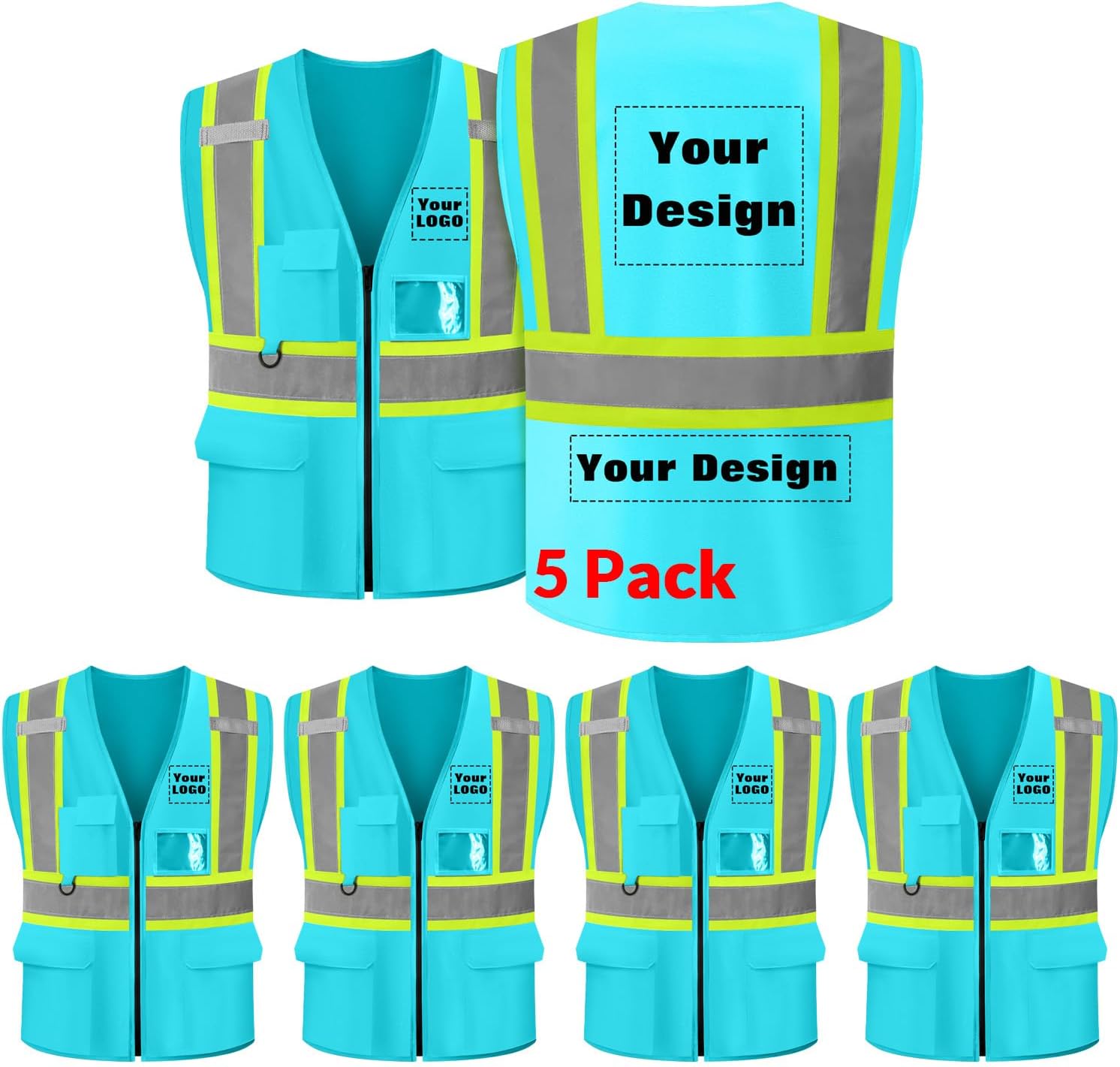 Safety Vest Customize Logo with 5 Pockets & Zipper Reflective High Visibility Vest Class 2 Outdoor Workwear
