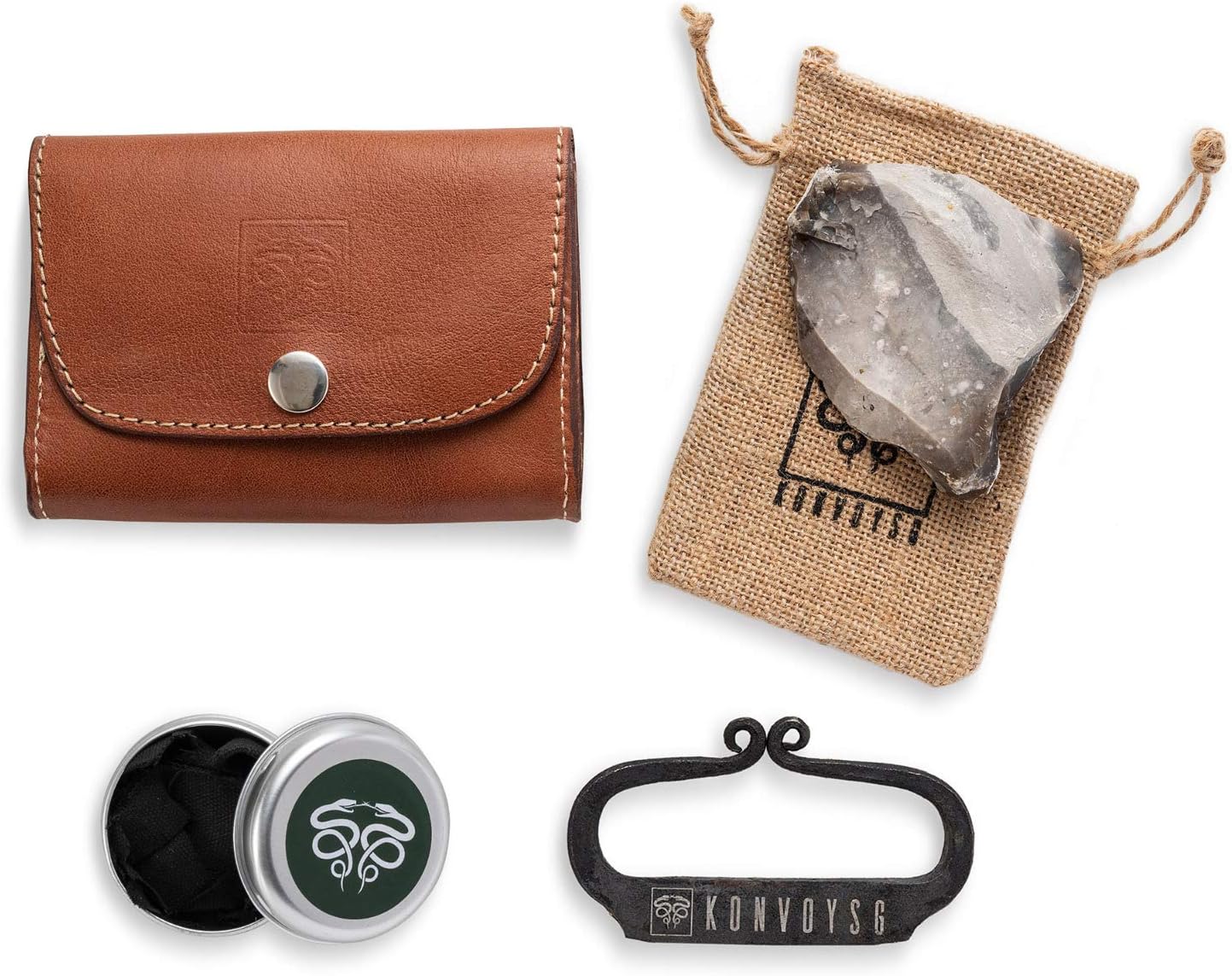 KonvoySG Flint and Steel Kit. Fire Striker, English Flint Stone & Char Cloth Traditional Hand Forged Fire Starter with a Leather Gift Pouch and Emergency Tinder Jute Bag (Coyote Brown) : Sports & Outdoors