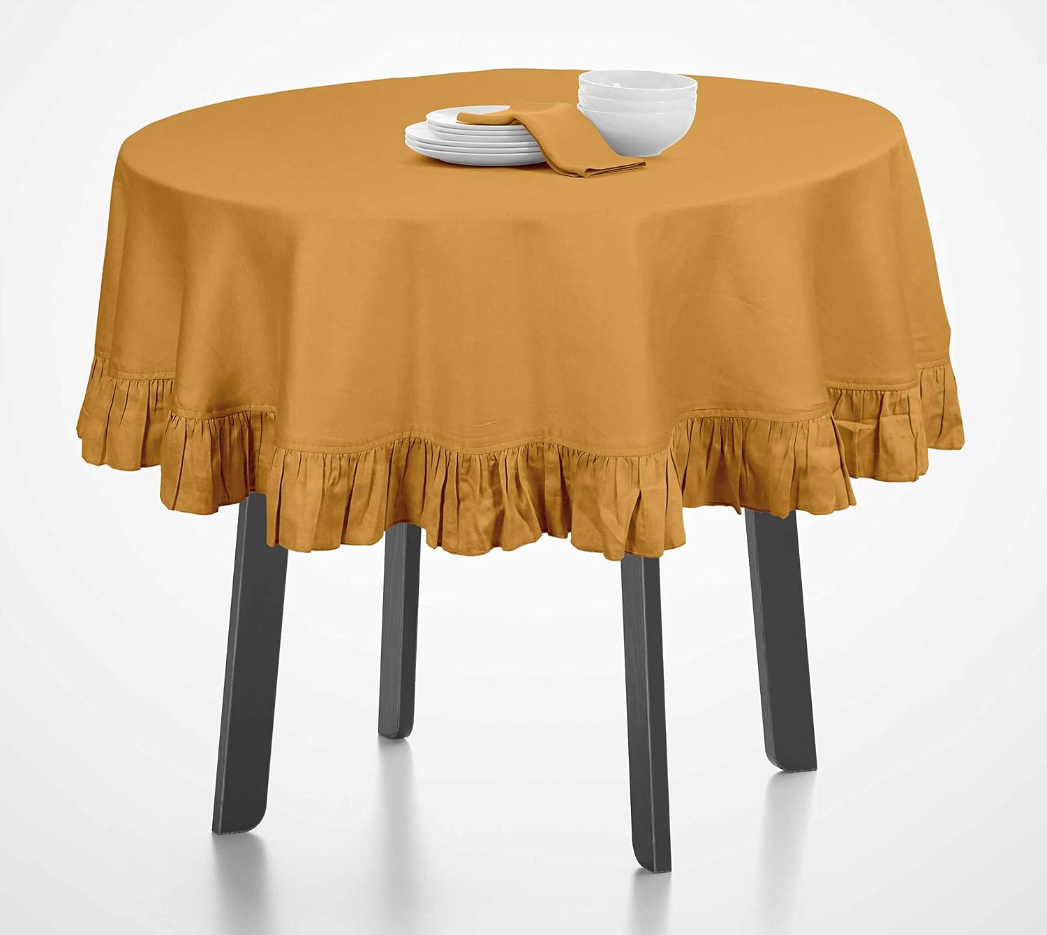 Ruffle Tablecloth Kitchen Dining Tabletop Cover Decoration Cotton Solid Table Cover Round, Yellow-54 Inches Diameter