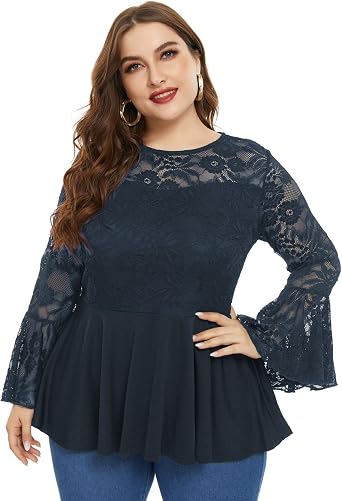 Amazon.com: Hanna Nikole Elegante blusa de encaje con mangas acampanadas  para mujer, talla grande, con volantes : Ropa, Zapatos y Joyería