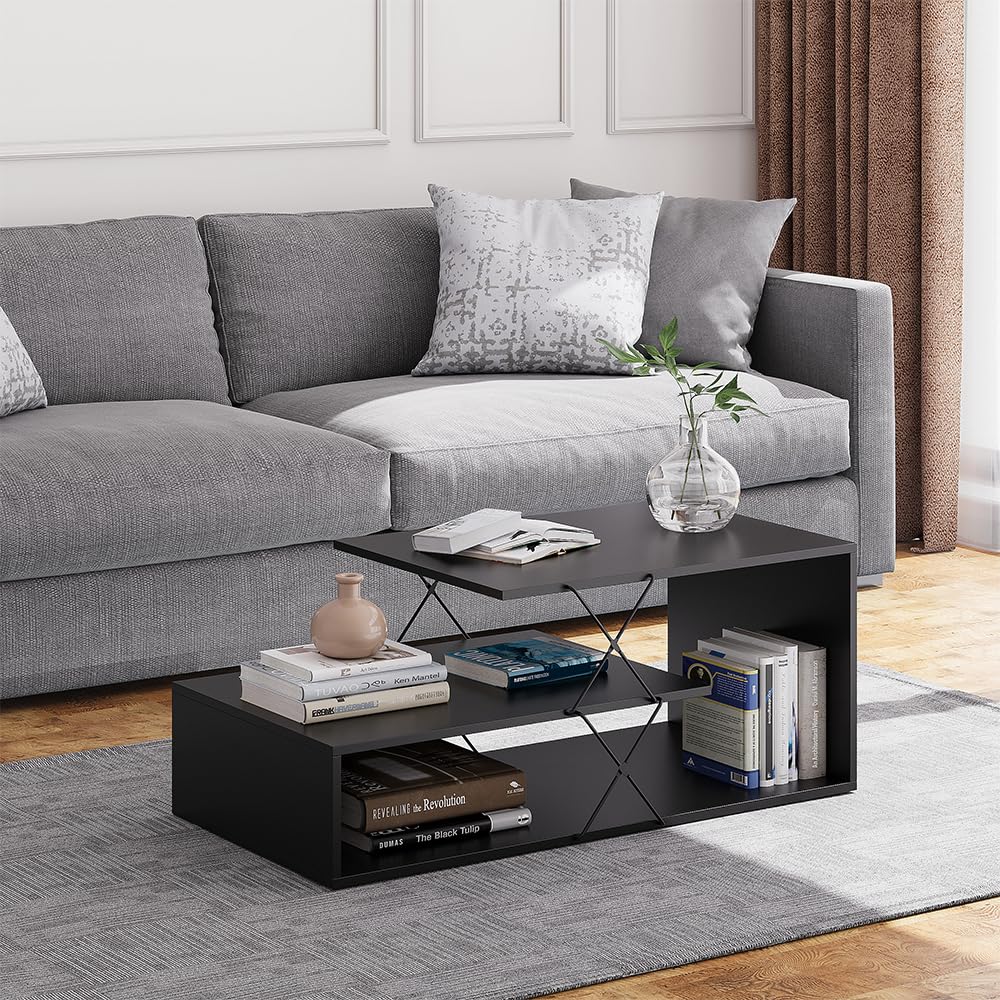 Vicco Tavolino da salotto Nario, Nero, 100 x 50 cm, con ulteriore ripiano per la conservazione di riviste