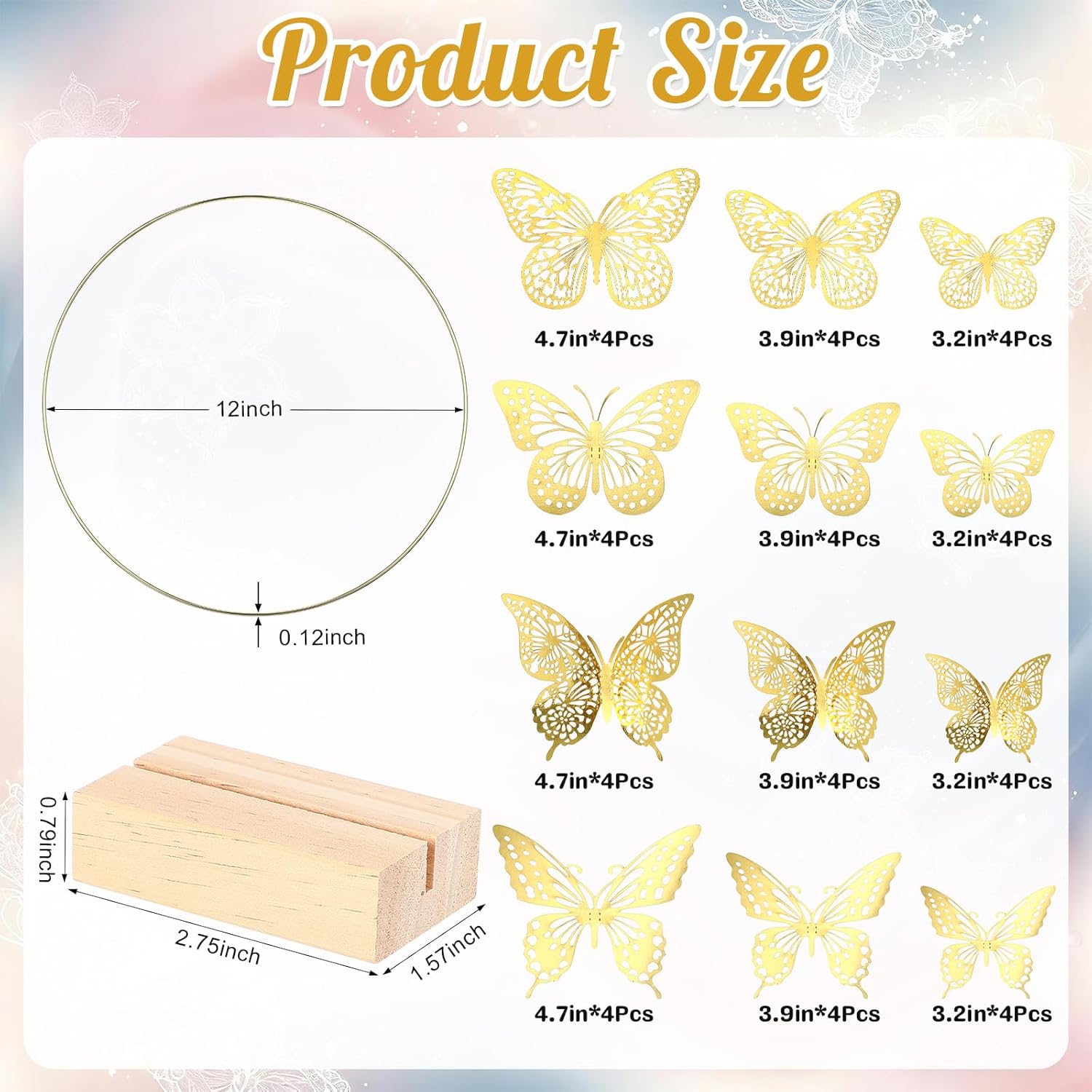 12 Pcs Metal Floral Hoop Centerpiece with Stand 12 Inch Floral Centerpieces for Tables Bulk with 48 Pcs 3D Butterfly Wall Decor Table Decorations for DIY Wedding Decor Wall Hanging Crafts