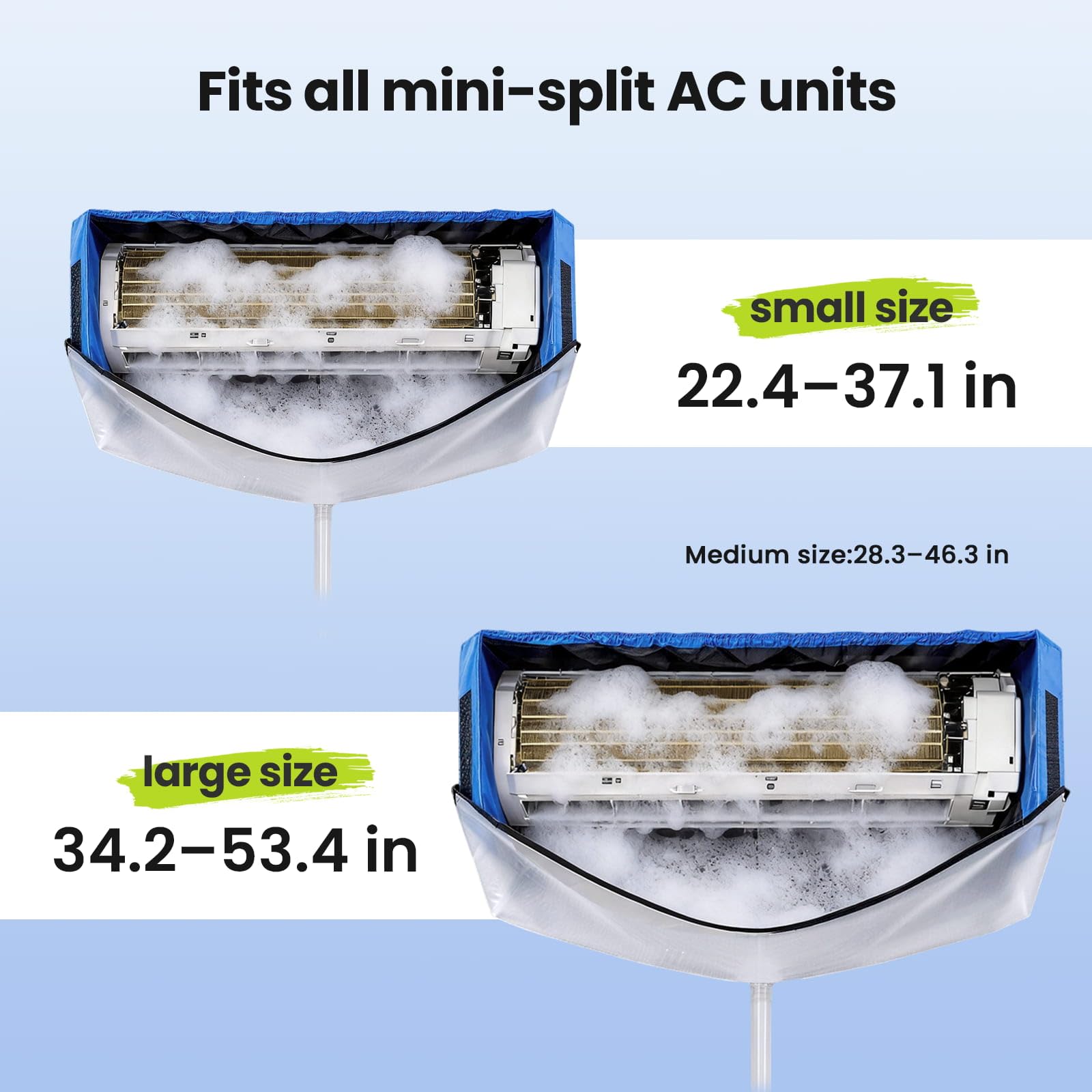 Kit Pulizia Condizionatore Split con Sacchetto Regolabile con e Pannelli Laterali, Kit Pulizia Climatizzatore Casa (M, Blu-Bianco Trasparente)