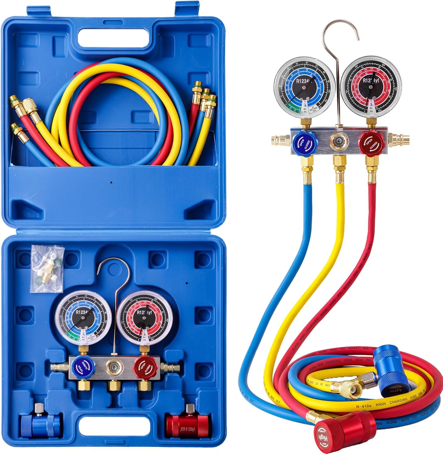 R1234YF AC Manifold Gauge Set, 5FT AC Manifold Freon Gauge Set, R1234YF Quick Couplers and High and Low Refrigerant Diagnostic Tool Kit with 3 Piece AC Manifold Gauge Hose 800-4000PSI