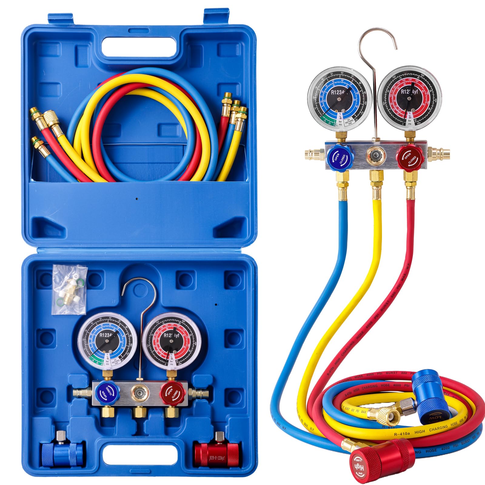 R1234YF AC Manifold Gauge Set, 5FT AC Manifold Freon Gauge Set, R1234YF Quick Couplers and High and Low Refrigerant Diagnostic Tool Kit with 3 Piece AC Manifold Gauge Hose 800-4000PSI