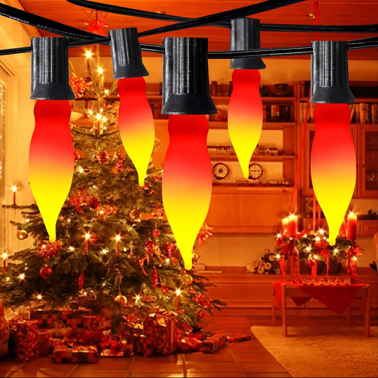Christmas Flame Light Bulbs- 12 Pack Red Yellow Christmas Candle Light Bulb- E12 Candelabra Base Replacement Bulbs for String Lights Candle Lamp Nightlight Chandelier C7 Xmas Lights- 7 Watts