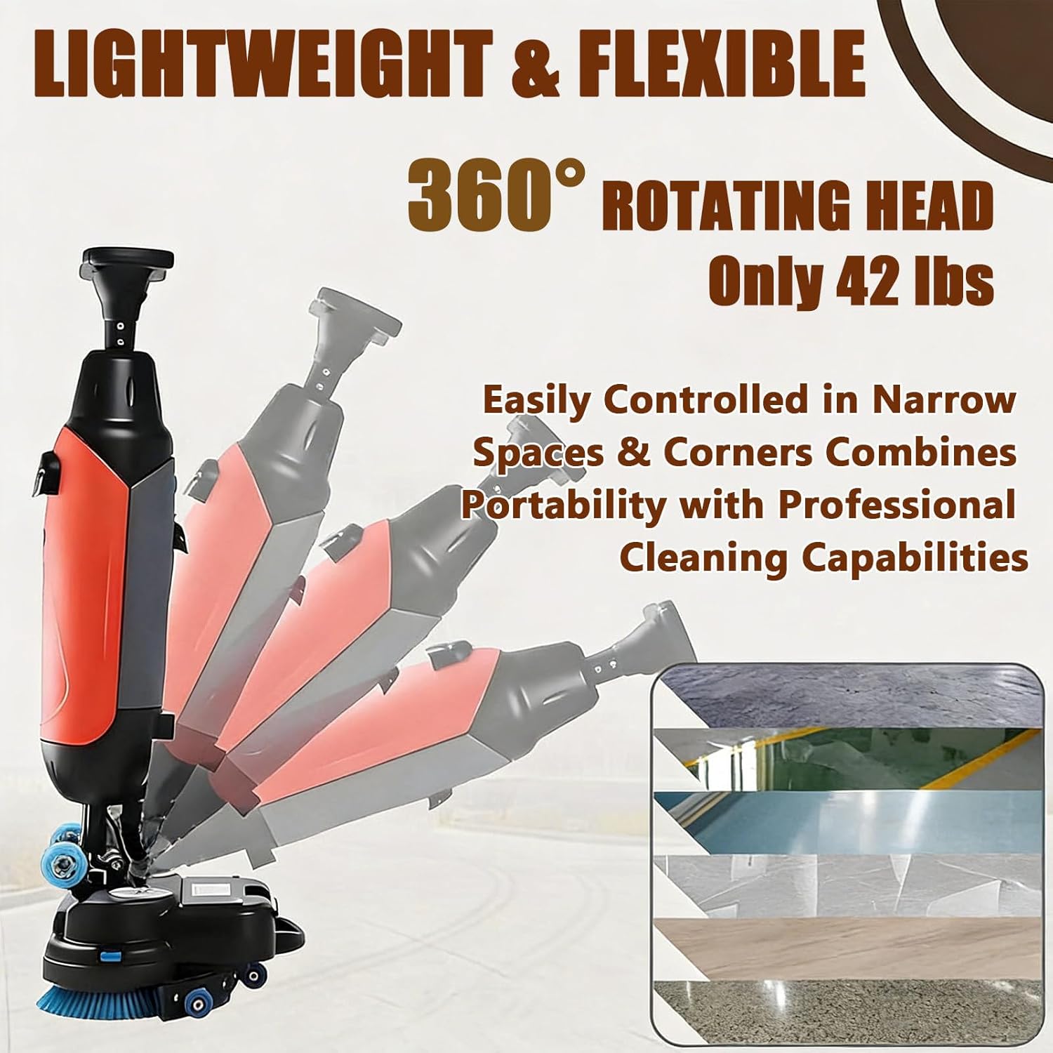 Commercial Floor Scrubber - Multi-Functional Floor Buffer Polisher Machine, Cordless Floor Washer, Hand Push Scrubber Dryer, 13000 Sqft/H, with 430mm Cleaning Width, Rotary Double Brushes Grey