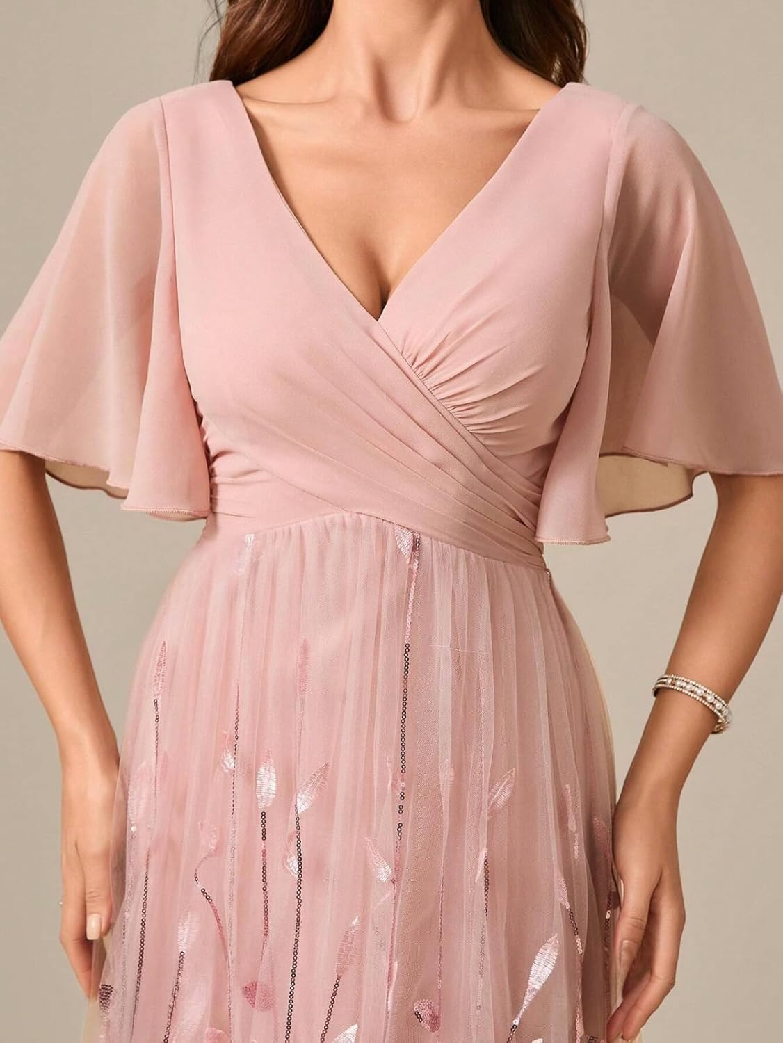 Mother of Bride Dresses for Wedding Leaf Sequin Formal Dress Tulle Short Sleeves Chiffon V Neck Evening Gowns